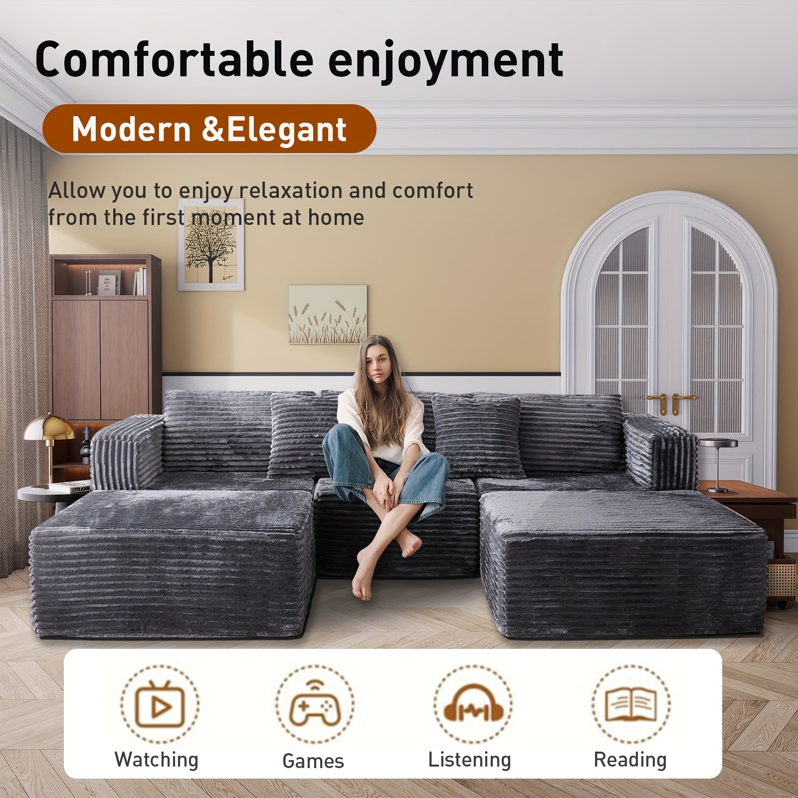 110.2" Living Room Sofa U-shaped Boneless Couch