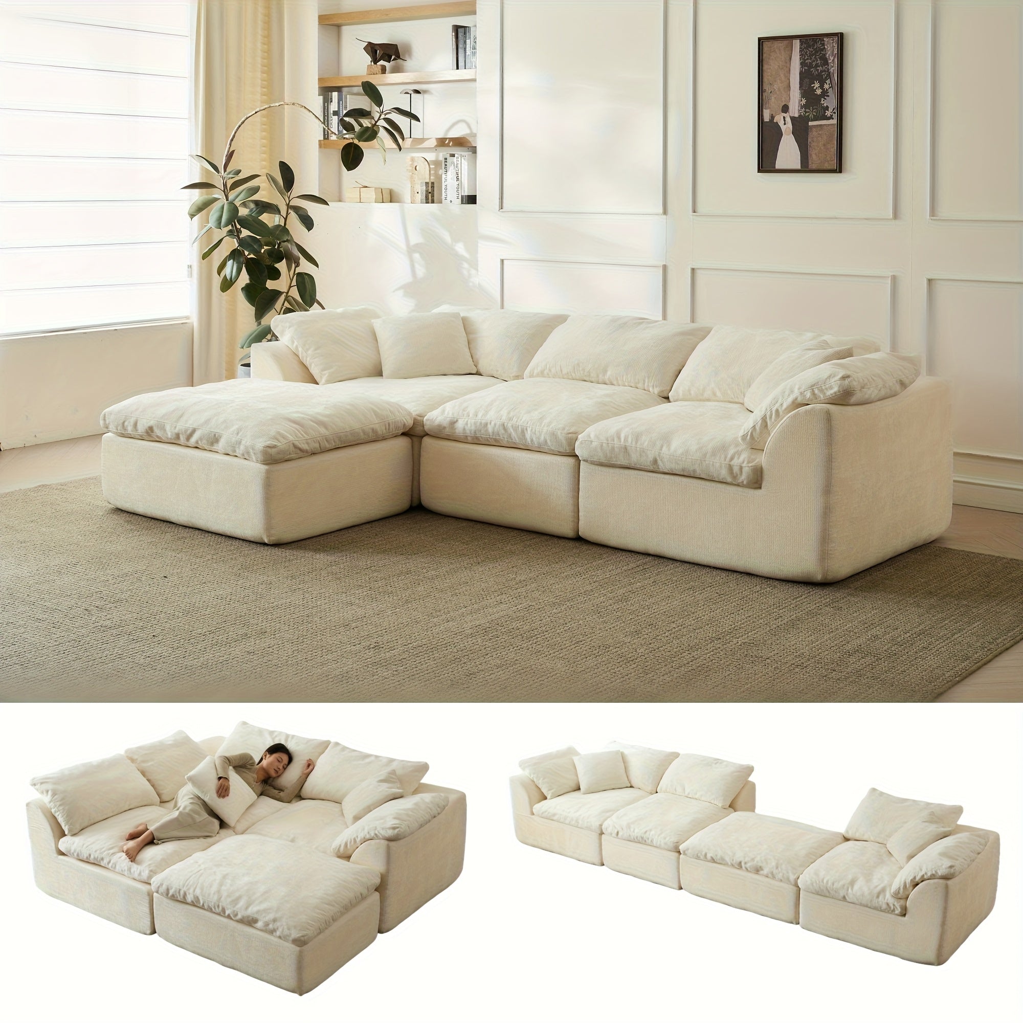 109" Modern L-Shape Boneless Couch with Ottoman
