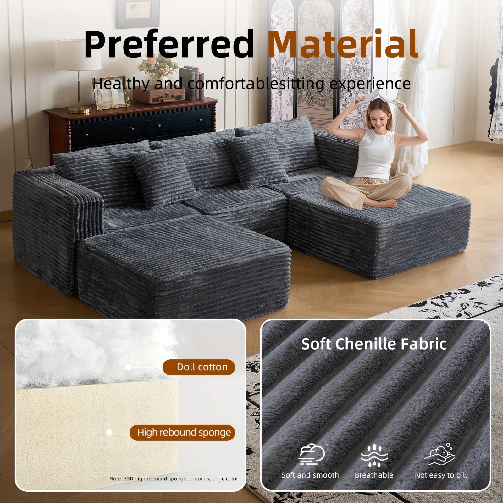 110.2" Living Room Sofa U-shaped Boneless Couch