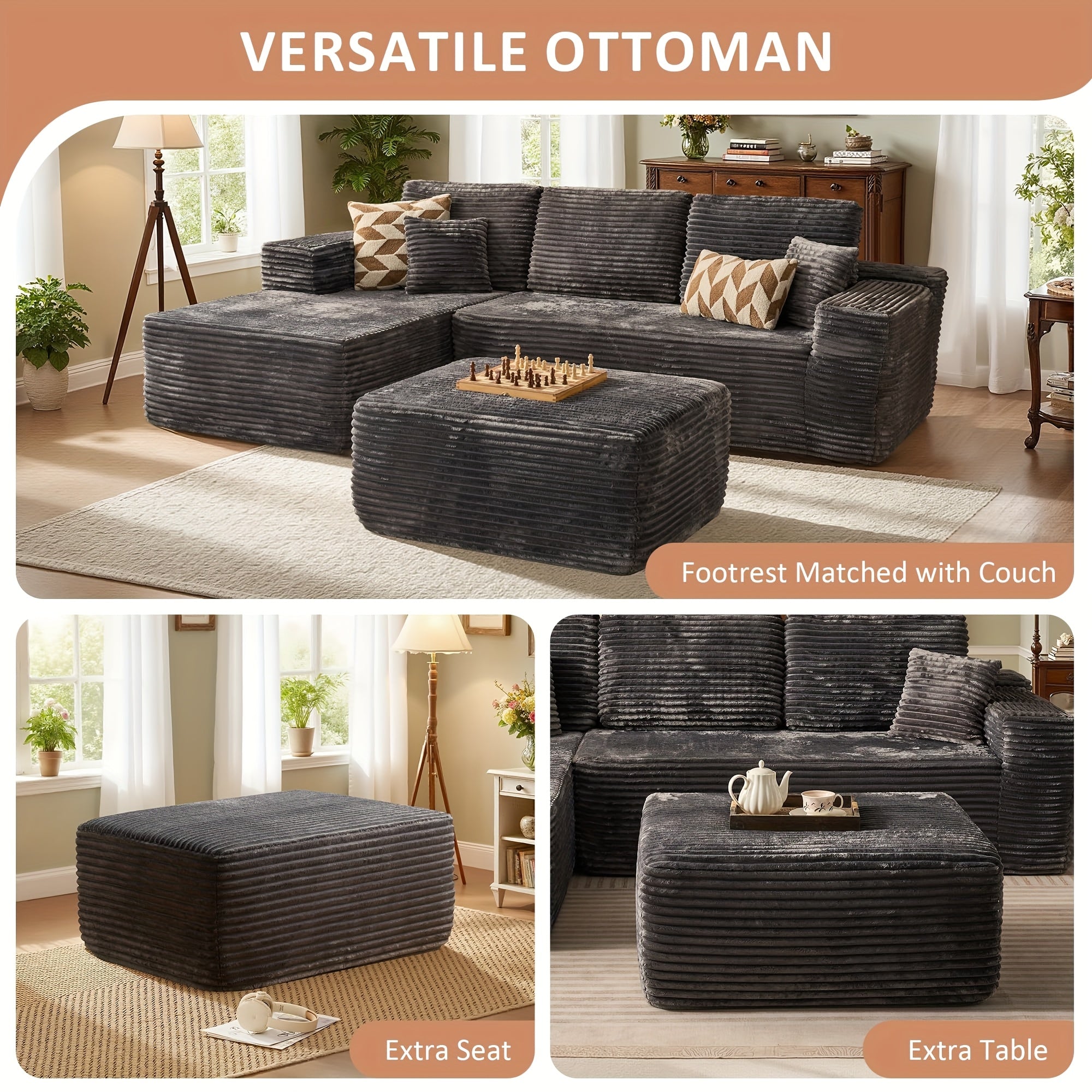 Corduroy Sofa Ottoman with Foam-Filled No Assembly Required