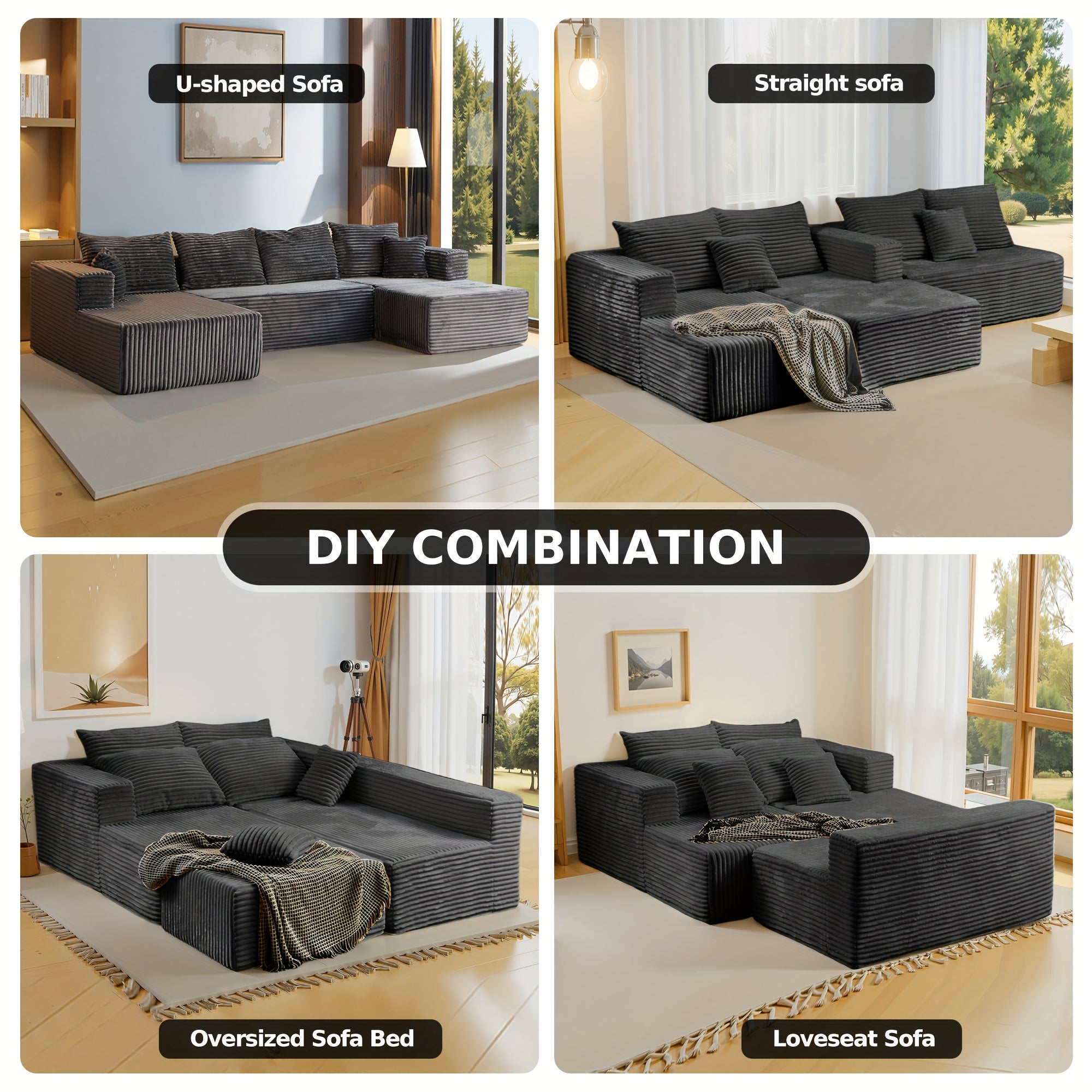 134" U Shaped Boneless Couch Sectional Sofa For Living Room