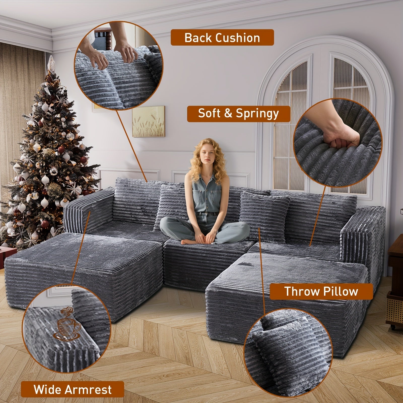 110.2" Living Room Sofa U-shaped Boneless Couch