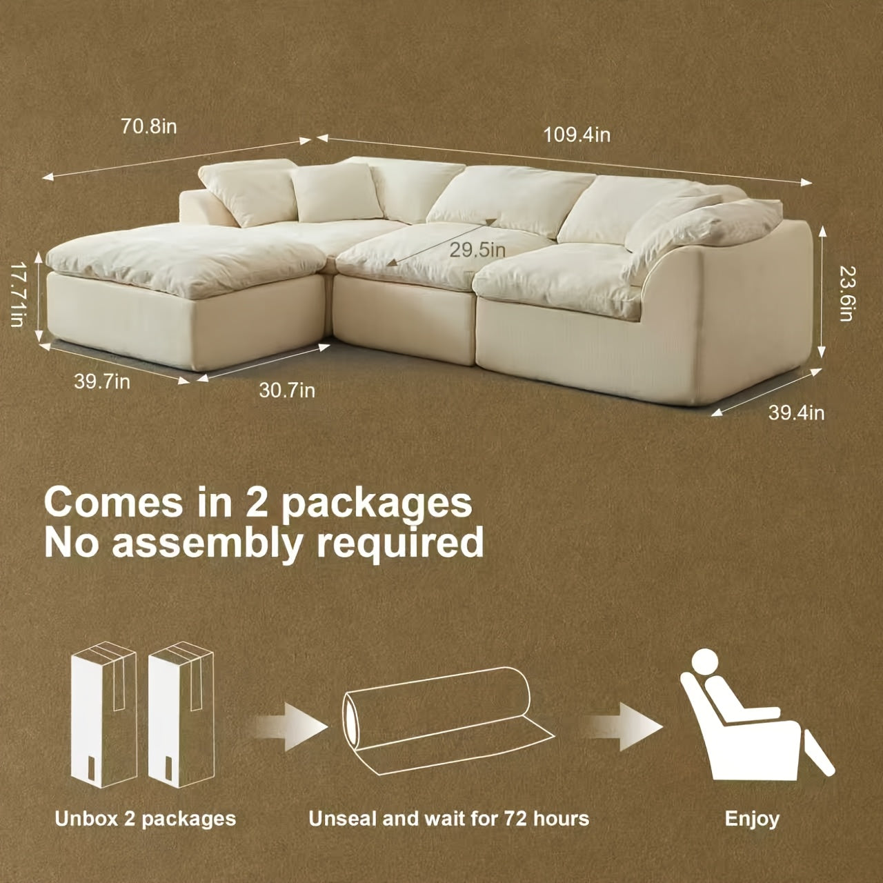 109" Modern L-Shape Boneless Couch with Ottoman