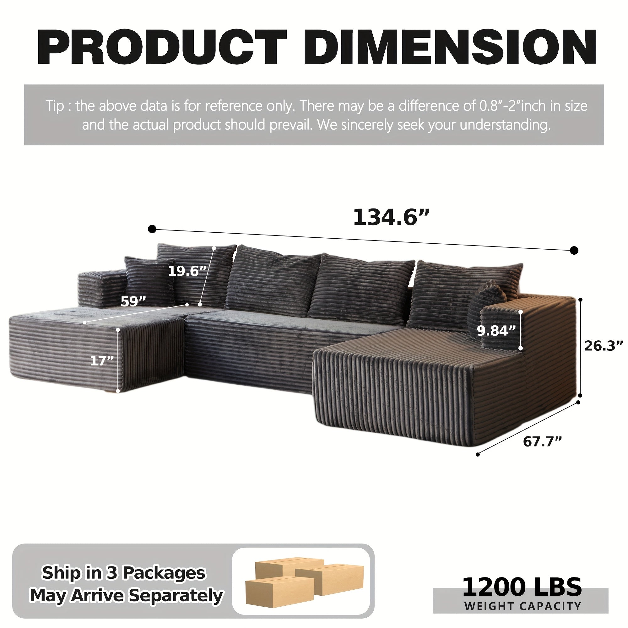 134" U Shaped Boneless Couch Sectional Sofa For Living Room
