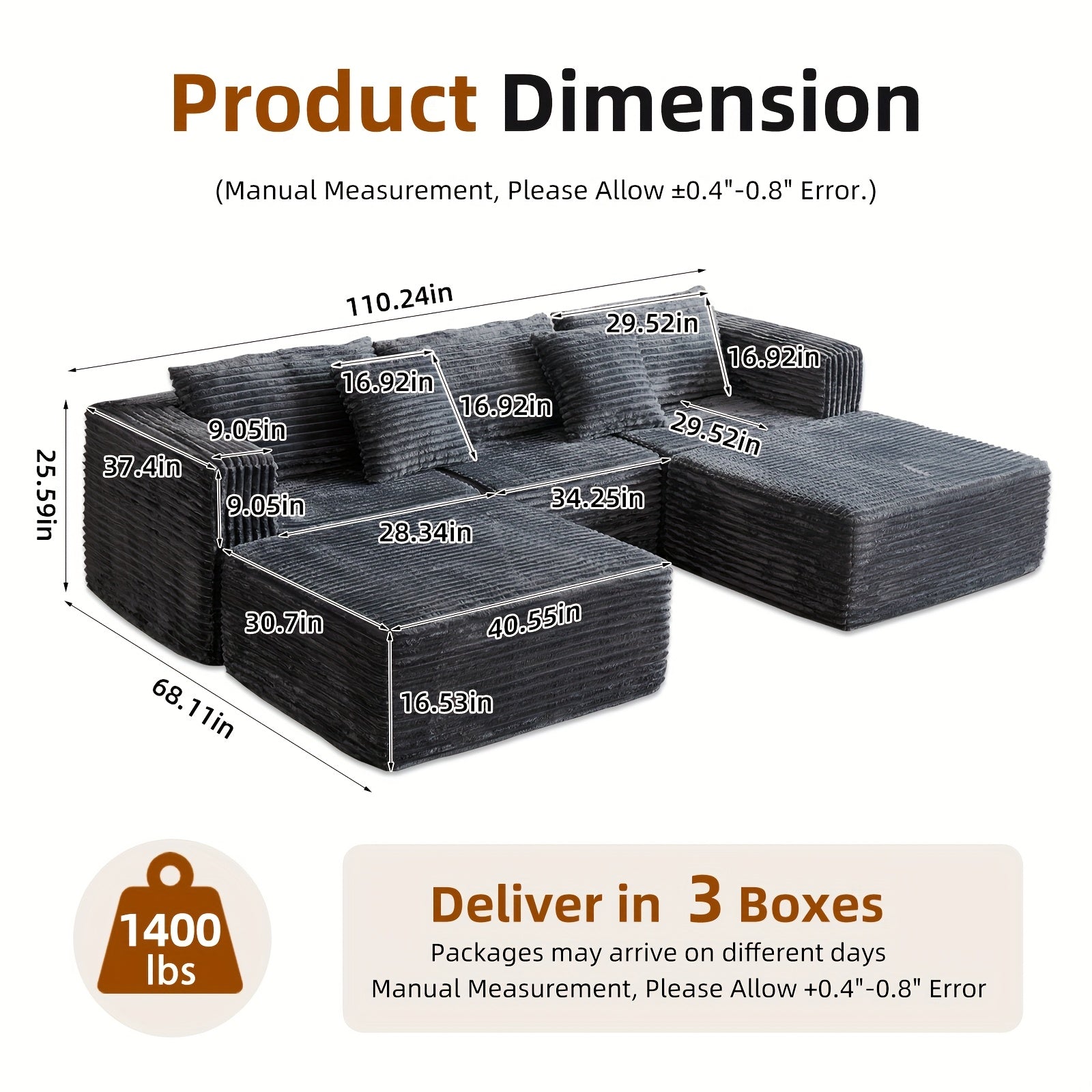 110.2" Living Room Sofa U-shaped Boneless Couch