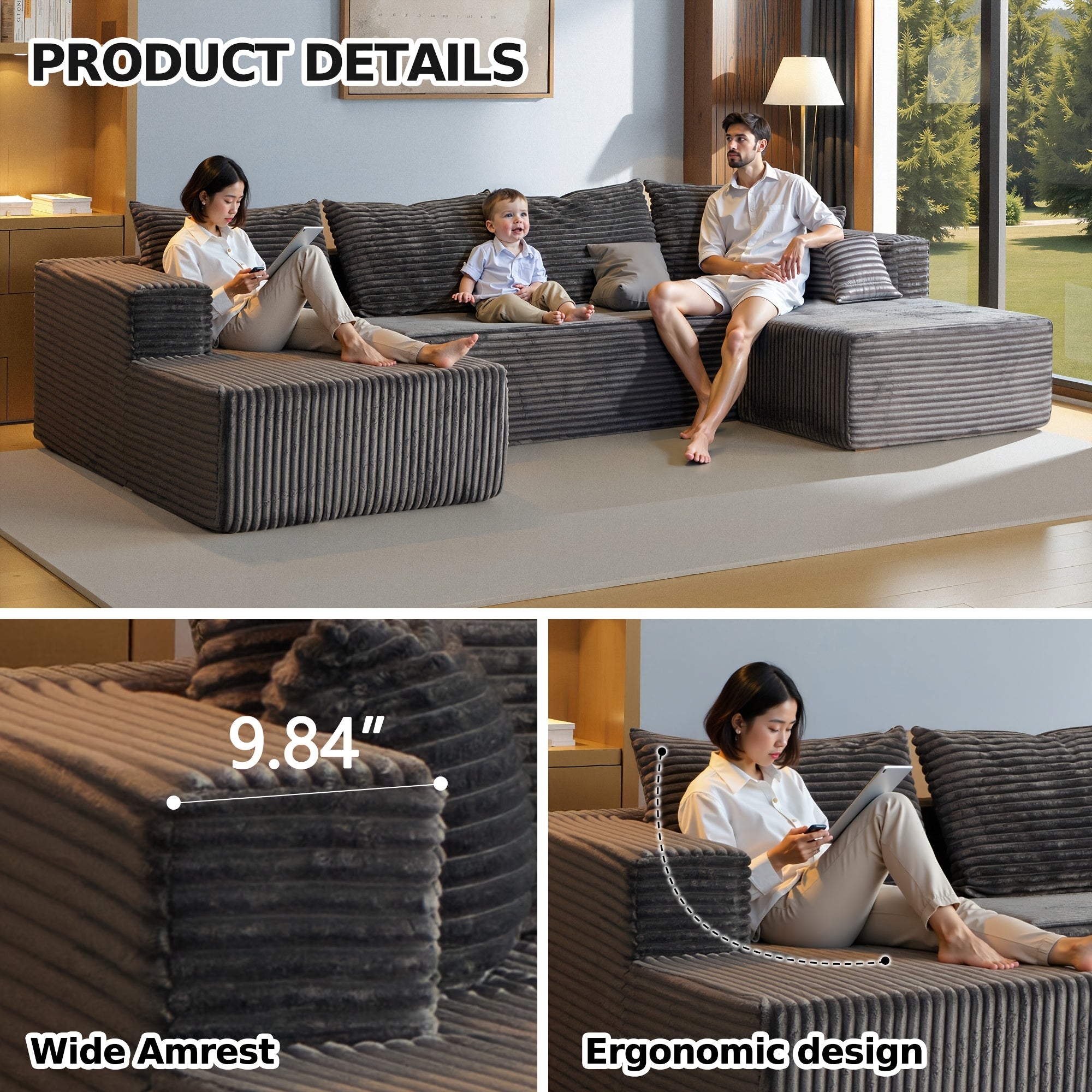 134" U Shaped Boneless Couch Sectional Sofa For Living Room