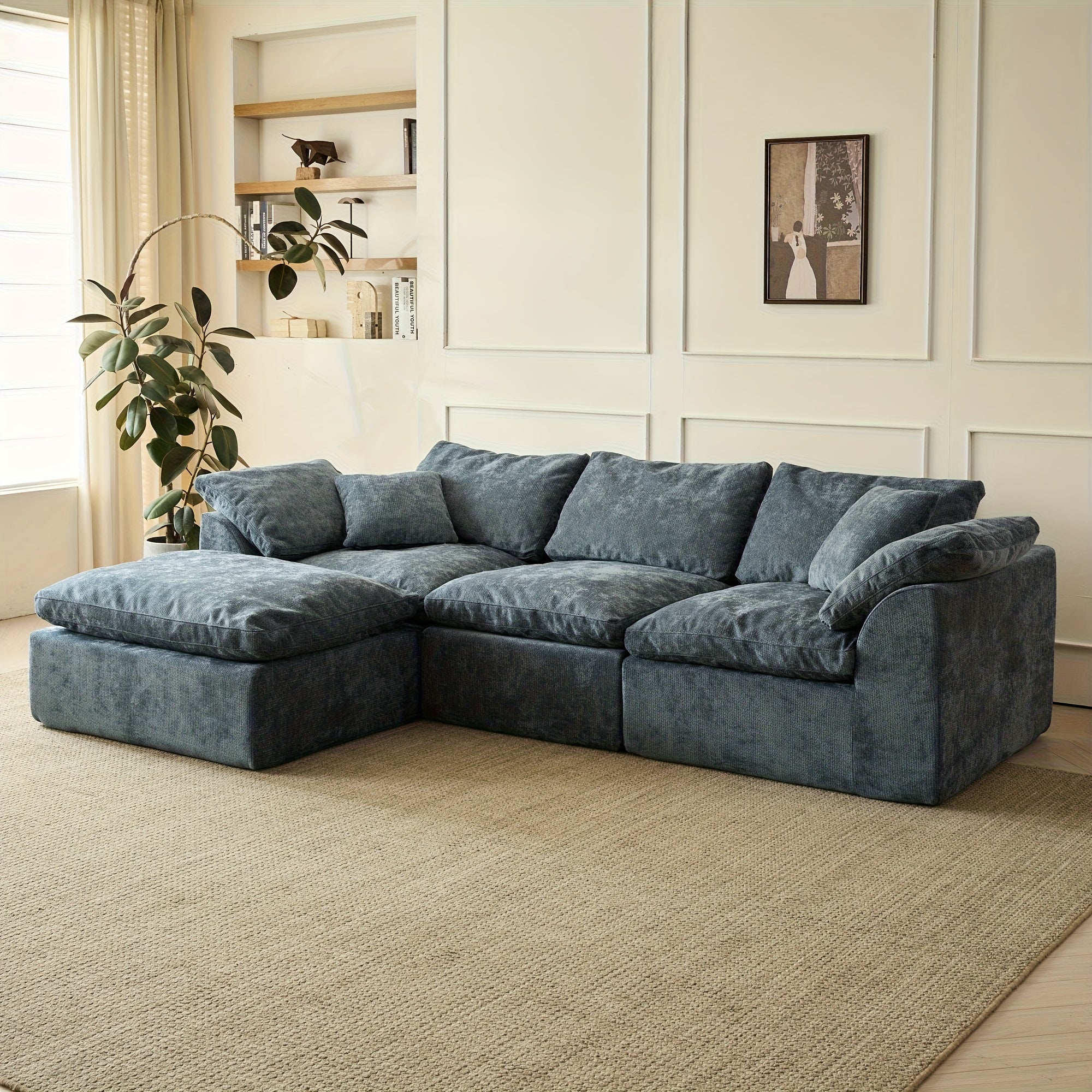 109" Modern L-Shape Boneless Couch with Ottoman