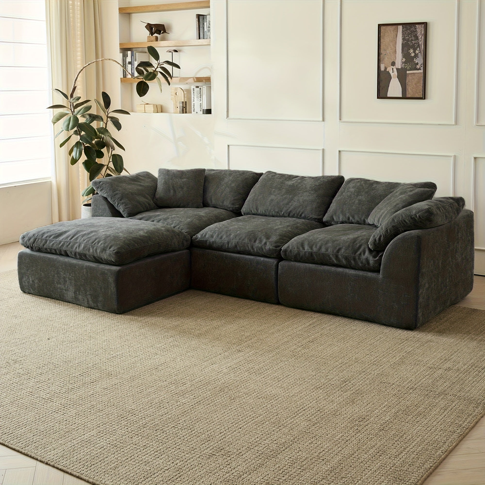 109" Modern L-Shape Boneless Couch with Ottoman