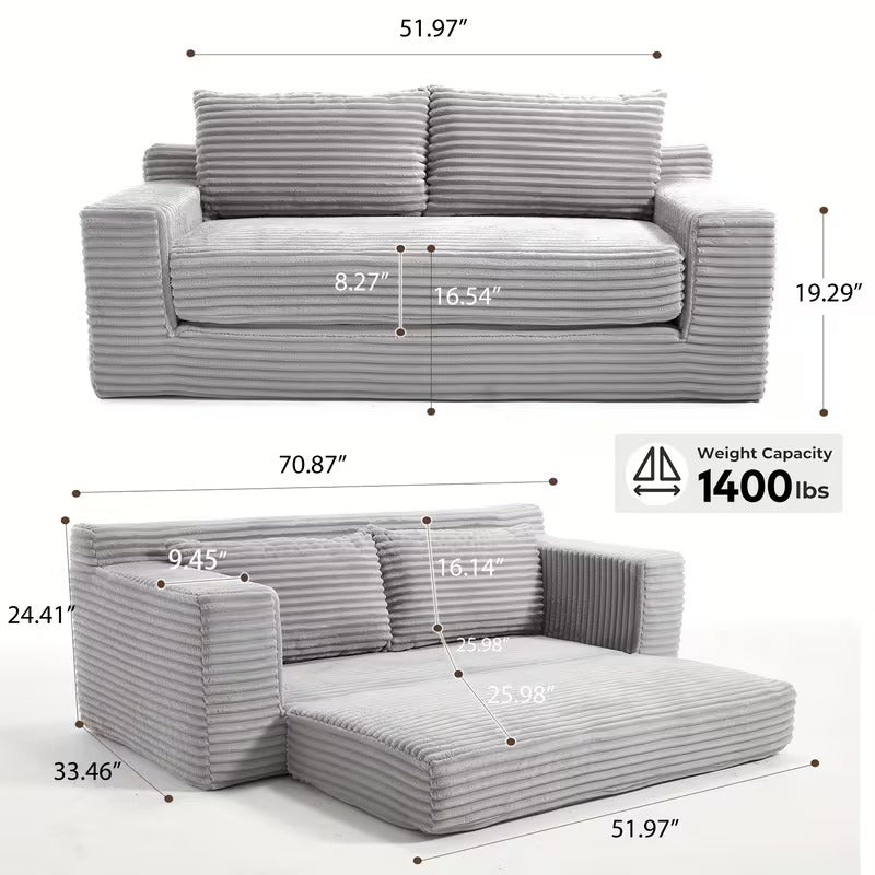 72" Loveseat Sofa Bed With Memory Foam & Steel Frame
