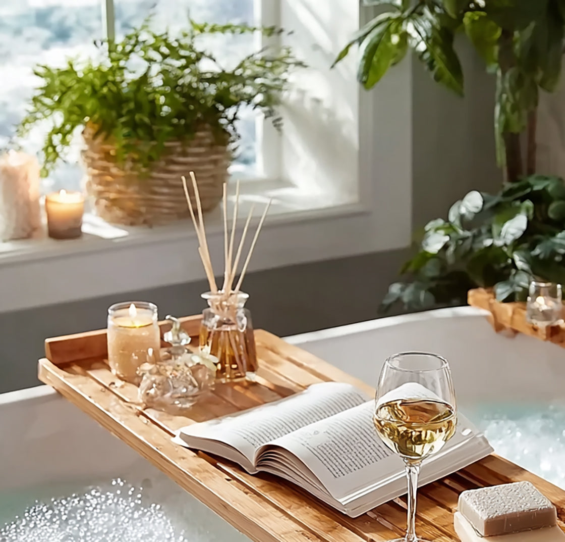 Handcrafted Wood Bath Tray – Bathtub Caddy with Candle, Wine & Tablet Slots