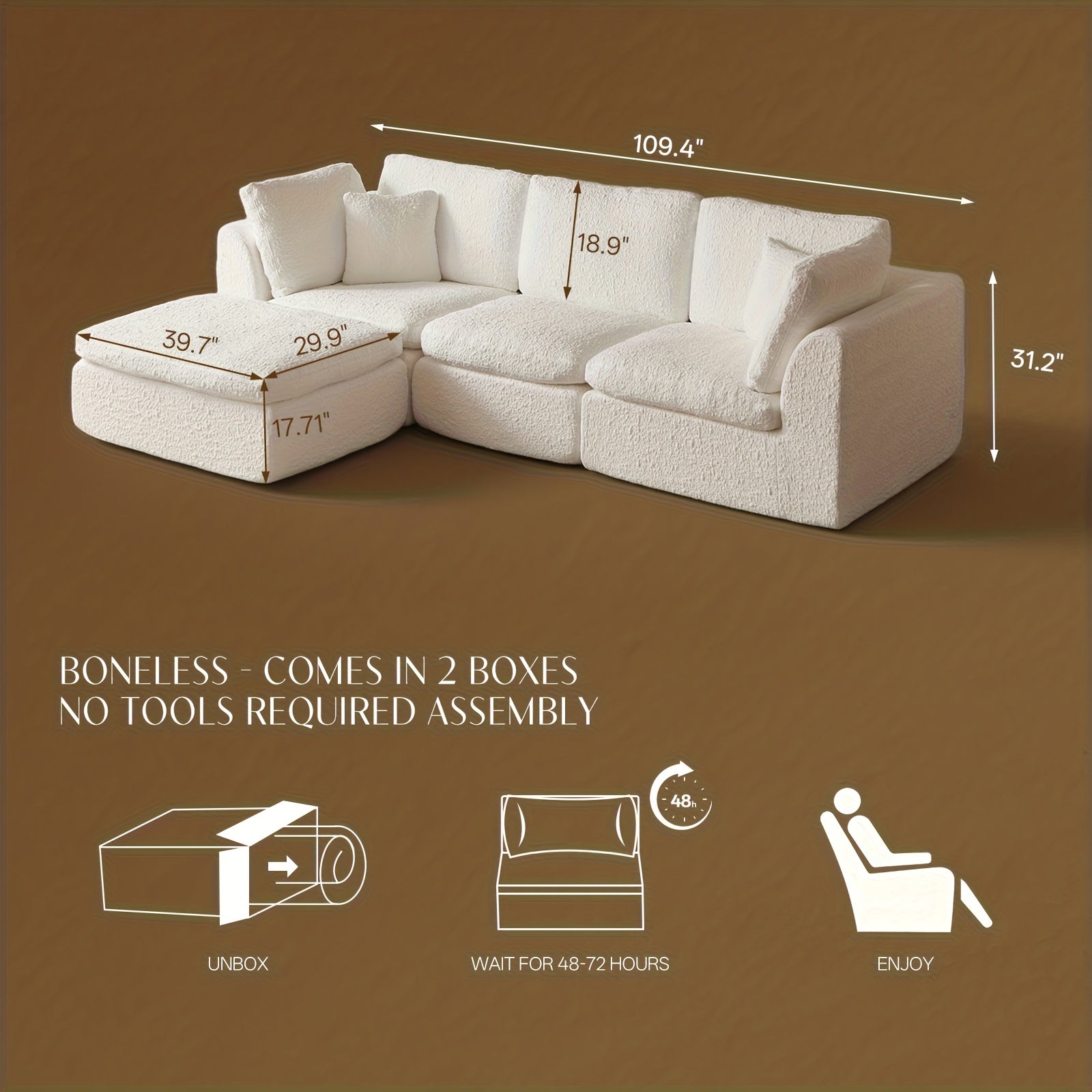 110" Cloud Sectional Boneles Couches for Living Room with Ottoman