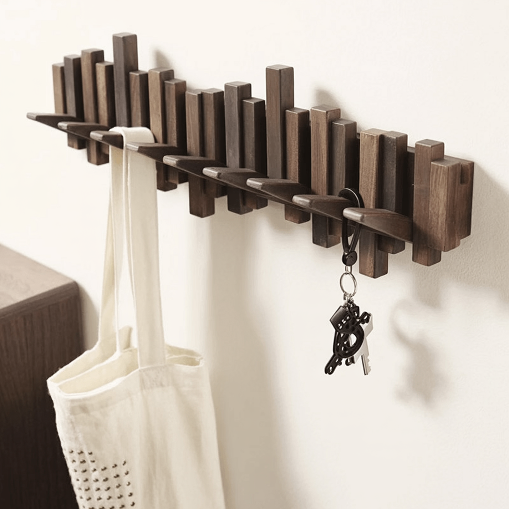 Walnut Piano Coat Rack Wall Mount – Rustic Wood Hooks & Key Holder