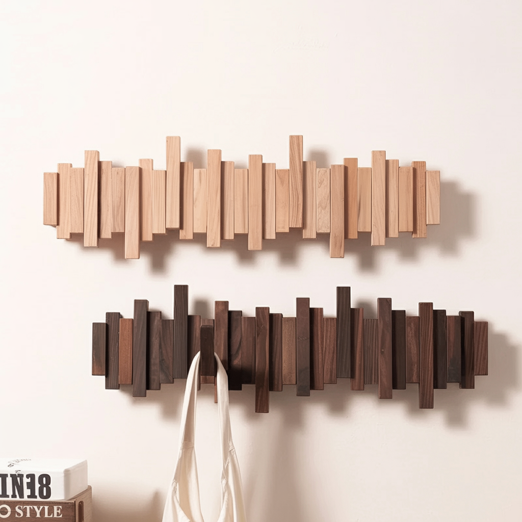 Walnut Piano Coat Rack Wall Mount – Rustic Wood Hooks & Key Holder