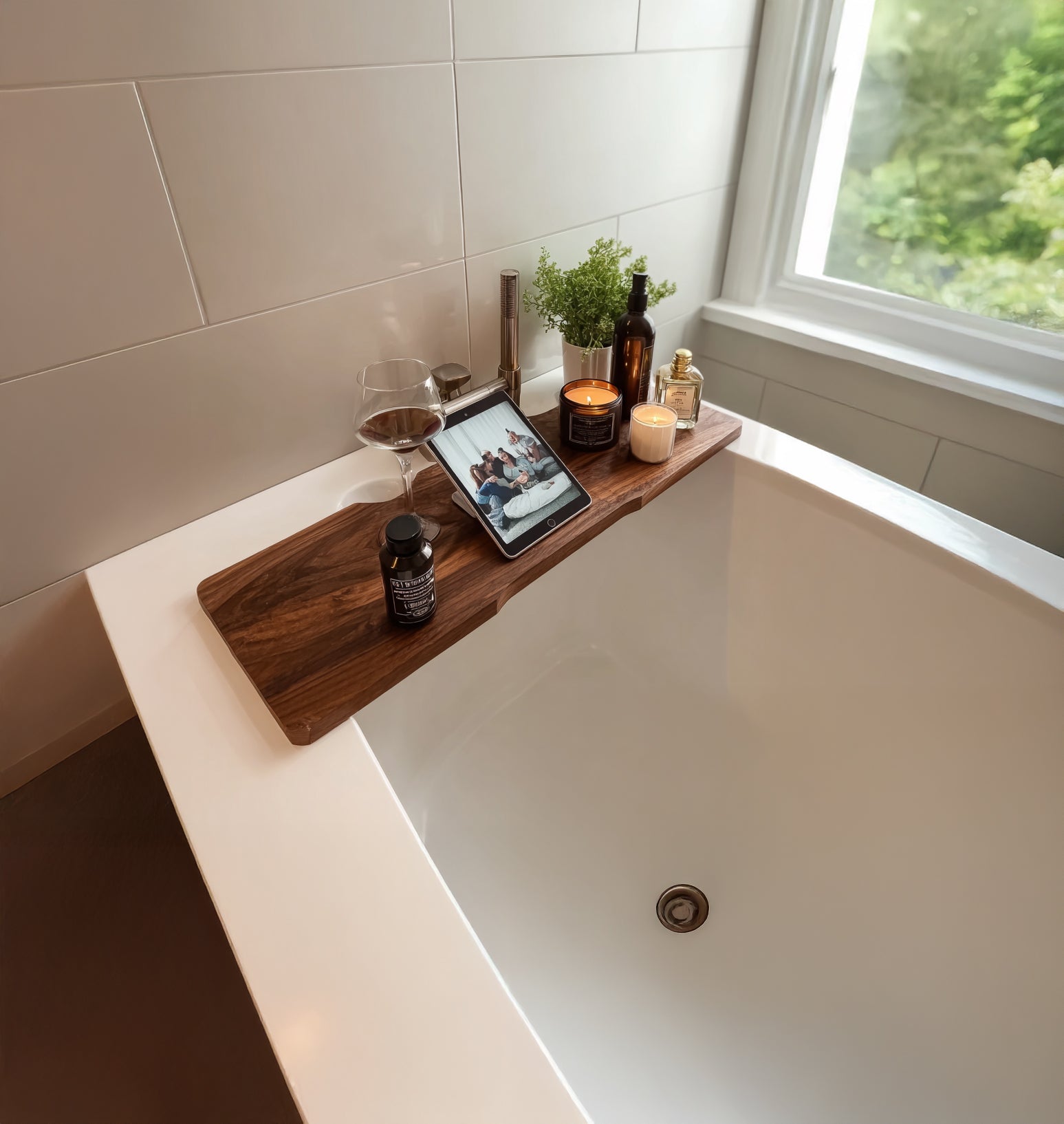 Rustic live edge solid wood bathtub tray in a modern bathroom