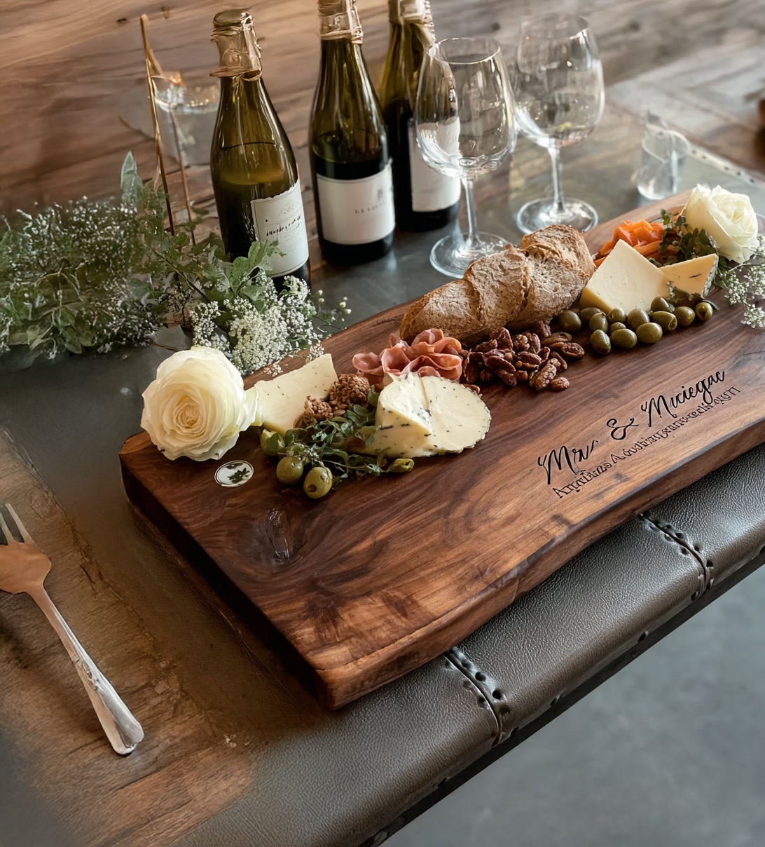 Charcuterie board with cheese, olives, nuts, bread, and flowers, paired with wine bottles and glasses on wood table
