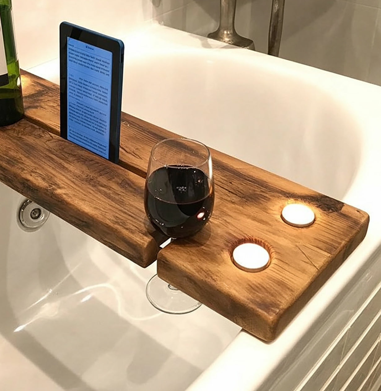 Rustic Wooden Bathtub Tray – Luxury Bath Caddy with Wine & Tablet Holder