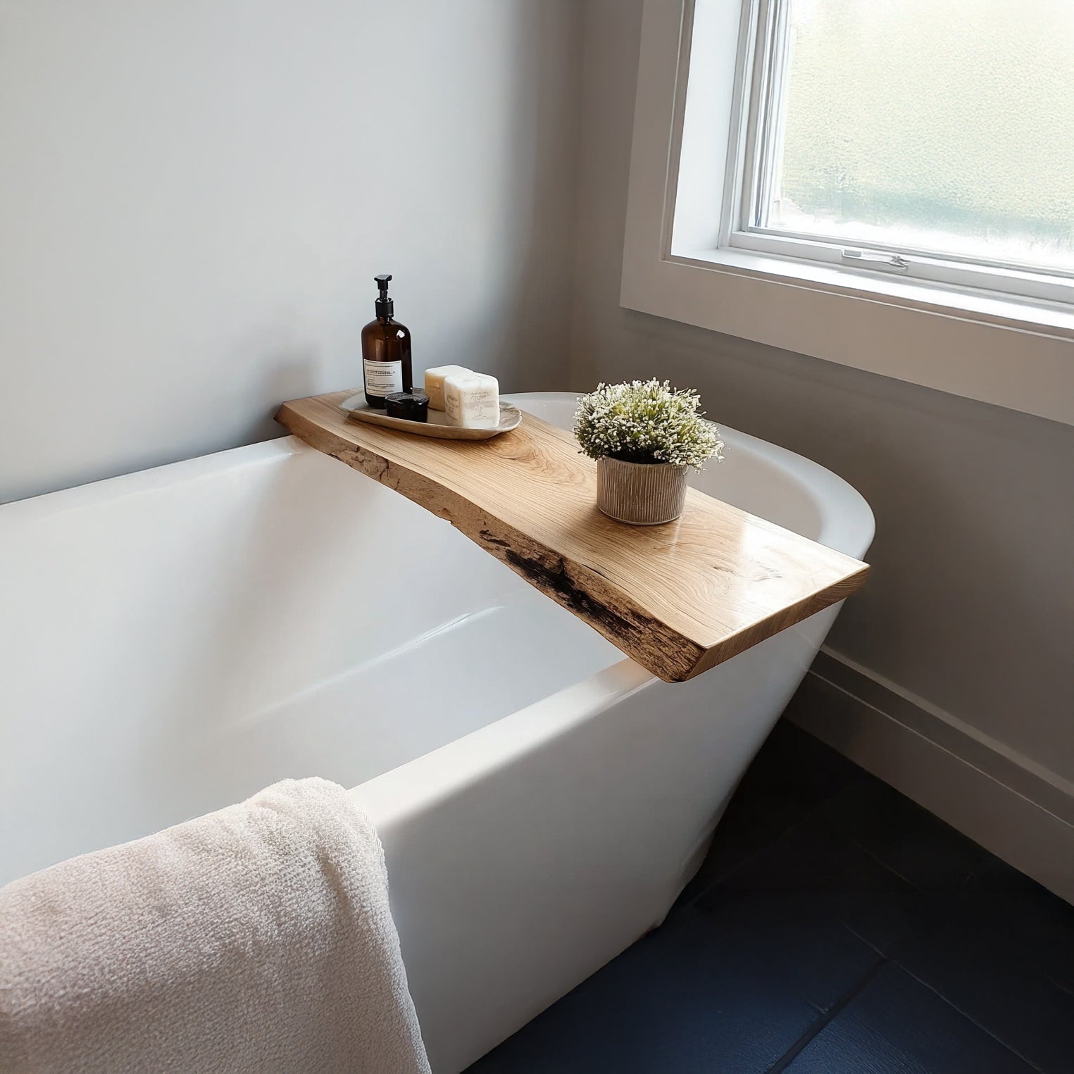 White bathtub with wooden bath tray holding soap, lotion bottle, and a small plant near frosted window