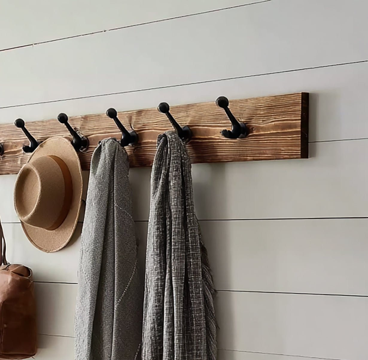 Wooden Wall Coat Rack with Black Hooks – Farmhouse Entryway & Mudroom Organizer