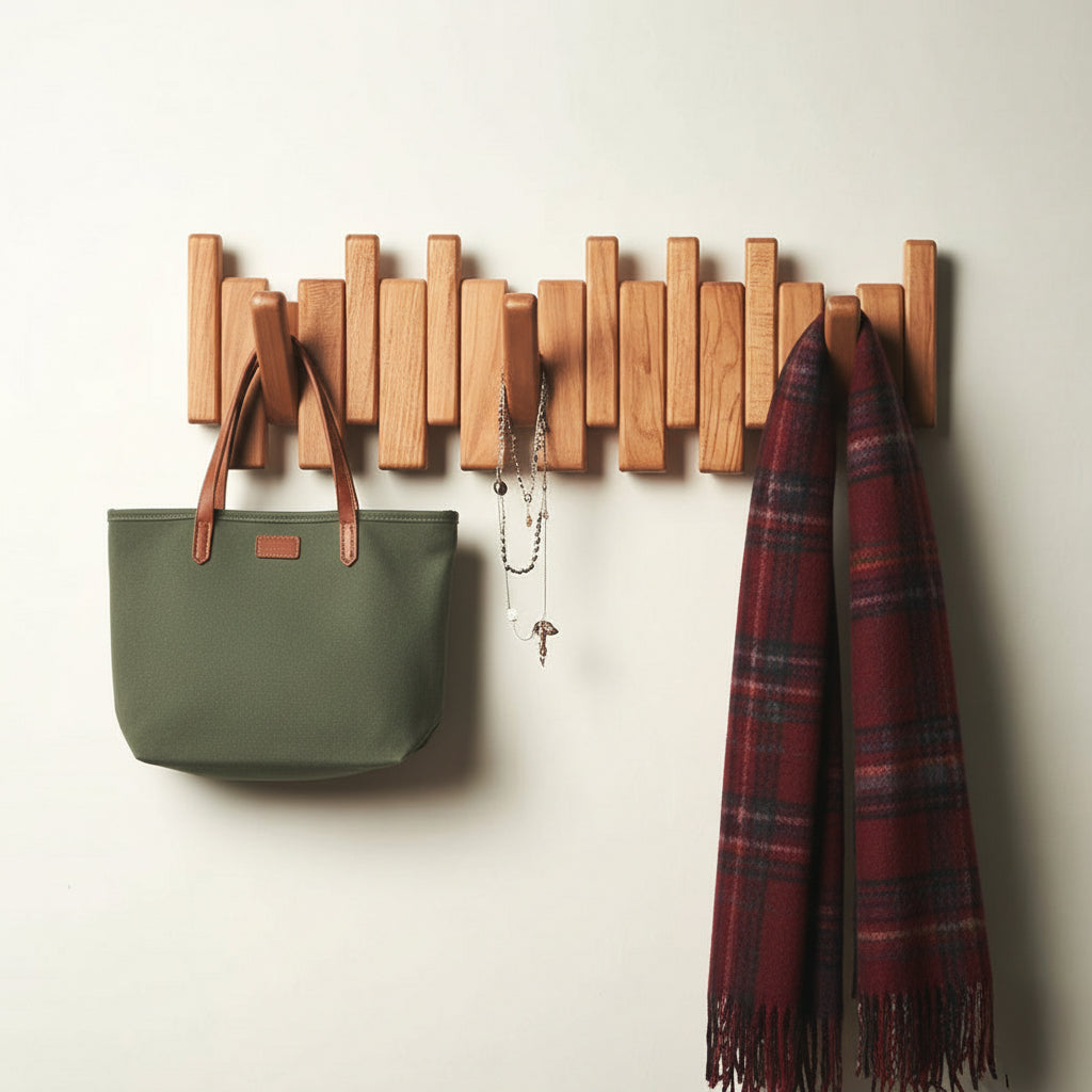 Wooden wall-mounted coat rack with green tote bag, necklaces, and red plaid scarf on white wall
