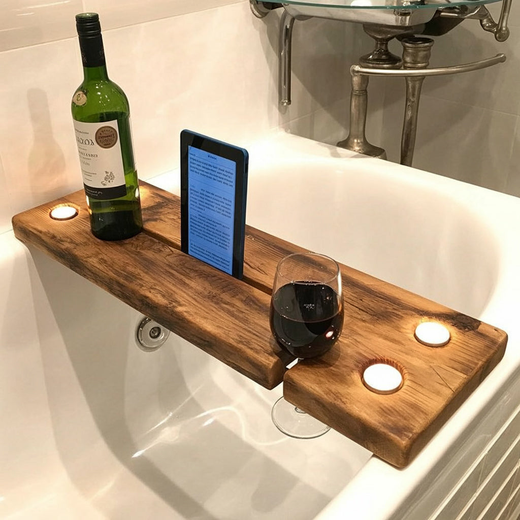 Rustic Wooden Bathtub Tray – Luxury Bath Caddy with Wine & Tablet Holder