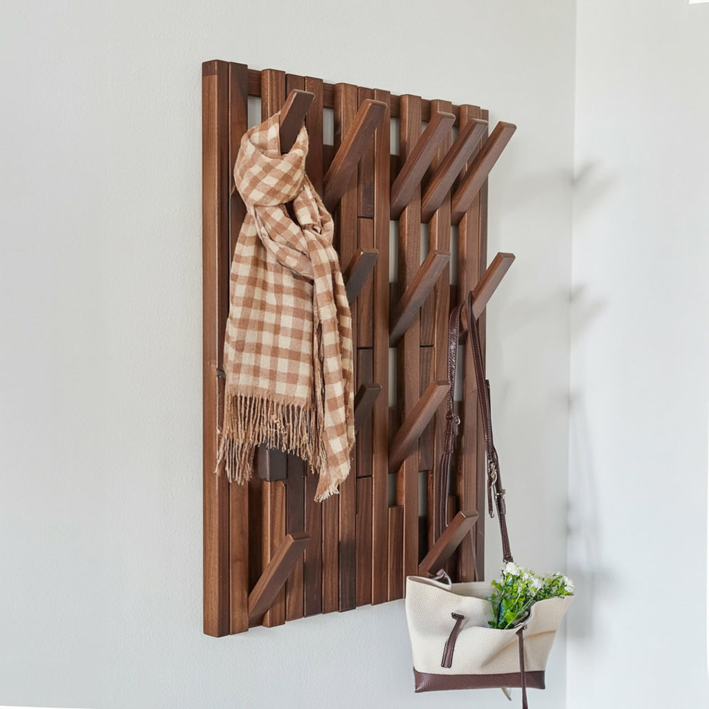 Walnut Piano Coat Rack Wall Mount – Rustic Wood Hooks & Key Holder