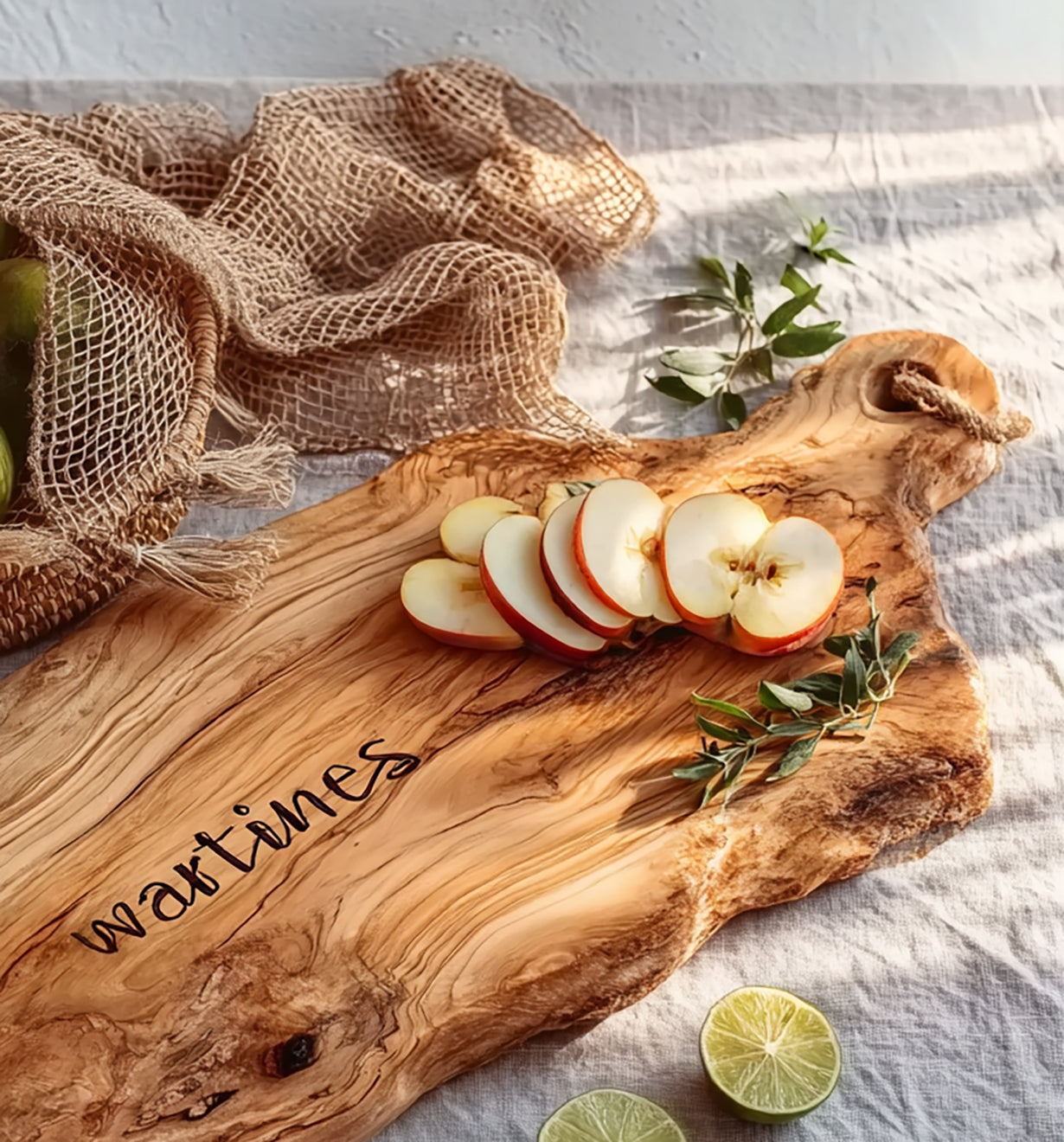 Rustic wooden cutting board with sliced apple, green leaves, and lime halves on white cloth