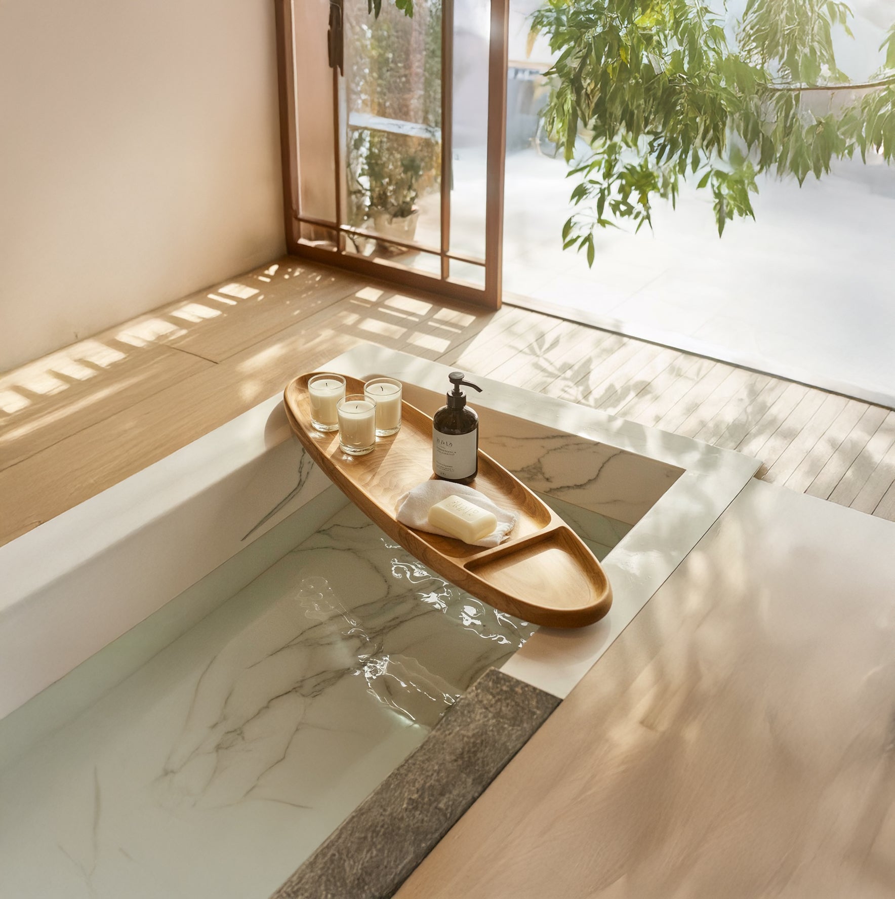 Handcrafted Wooden Bathtub Tray – Natural Spa Bath Caddy with Candle & Soap Holders