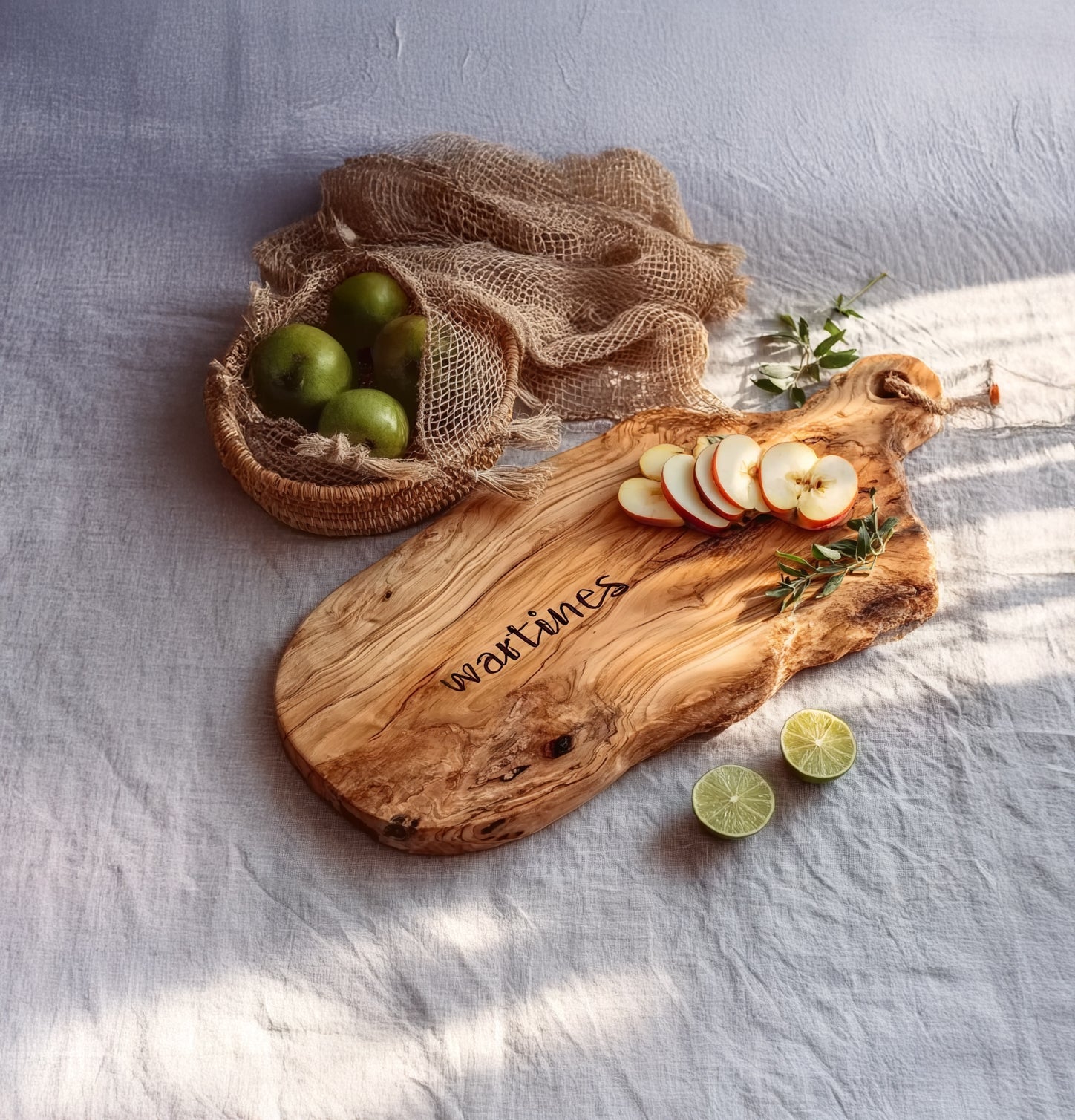 Rustic wooden cutting board with sliced apples, green limes, wicker basket with green fruits on fabric