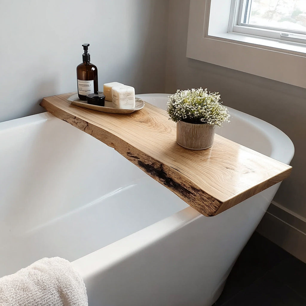 Wooden bathtub tray holding soap, lotion, and a small potted plant in a bright bathroom