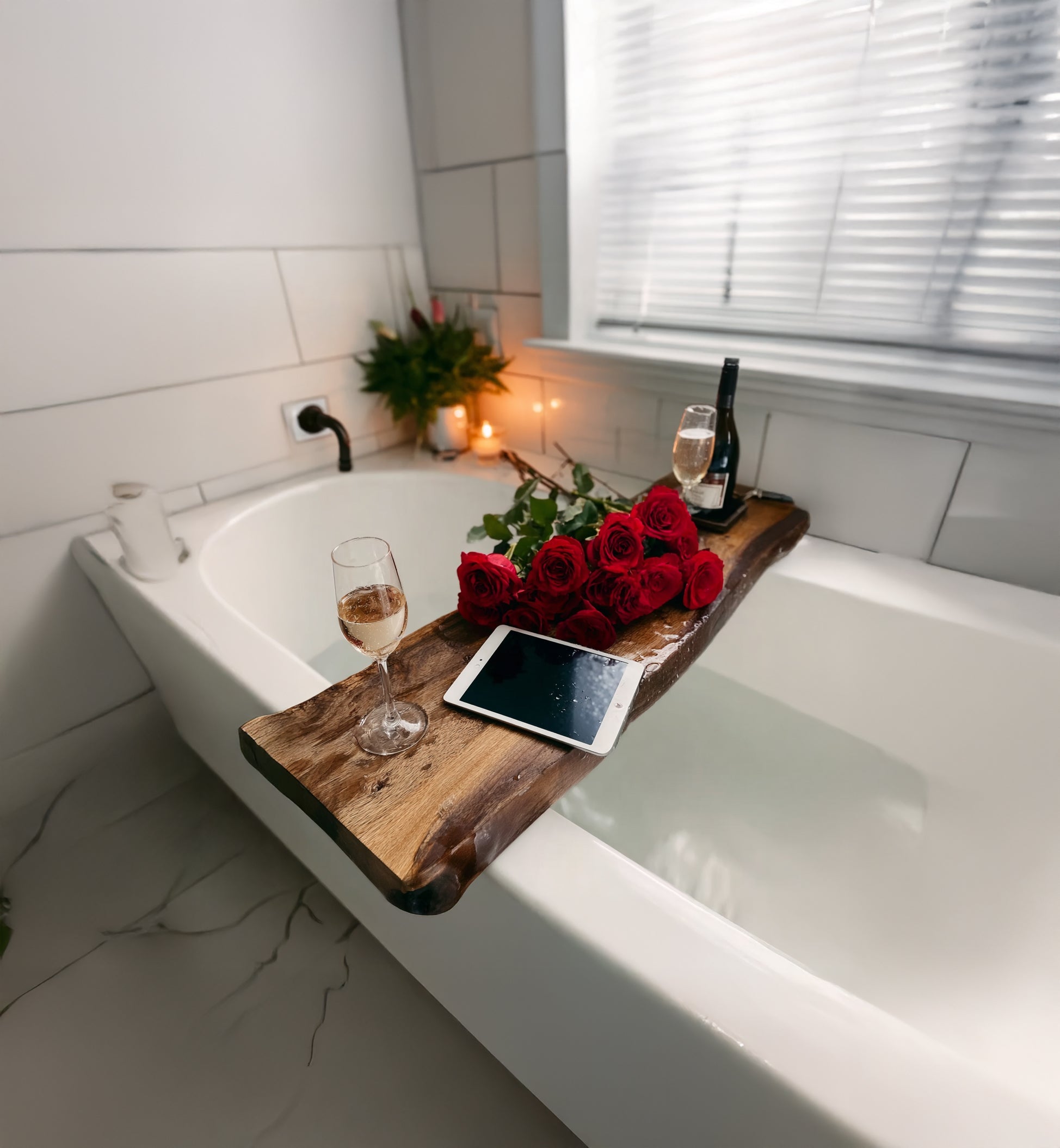 Wooden bathtub tray with red roses, wine glasses, bottle, and tablet in modern bathroom