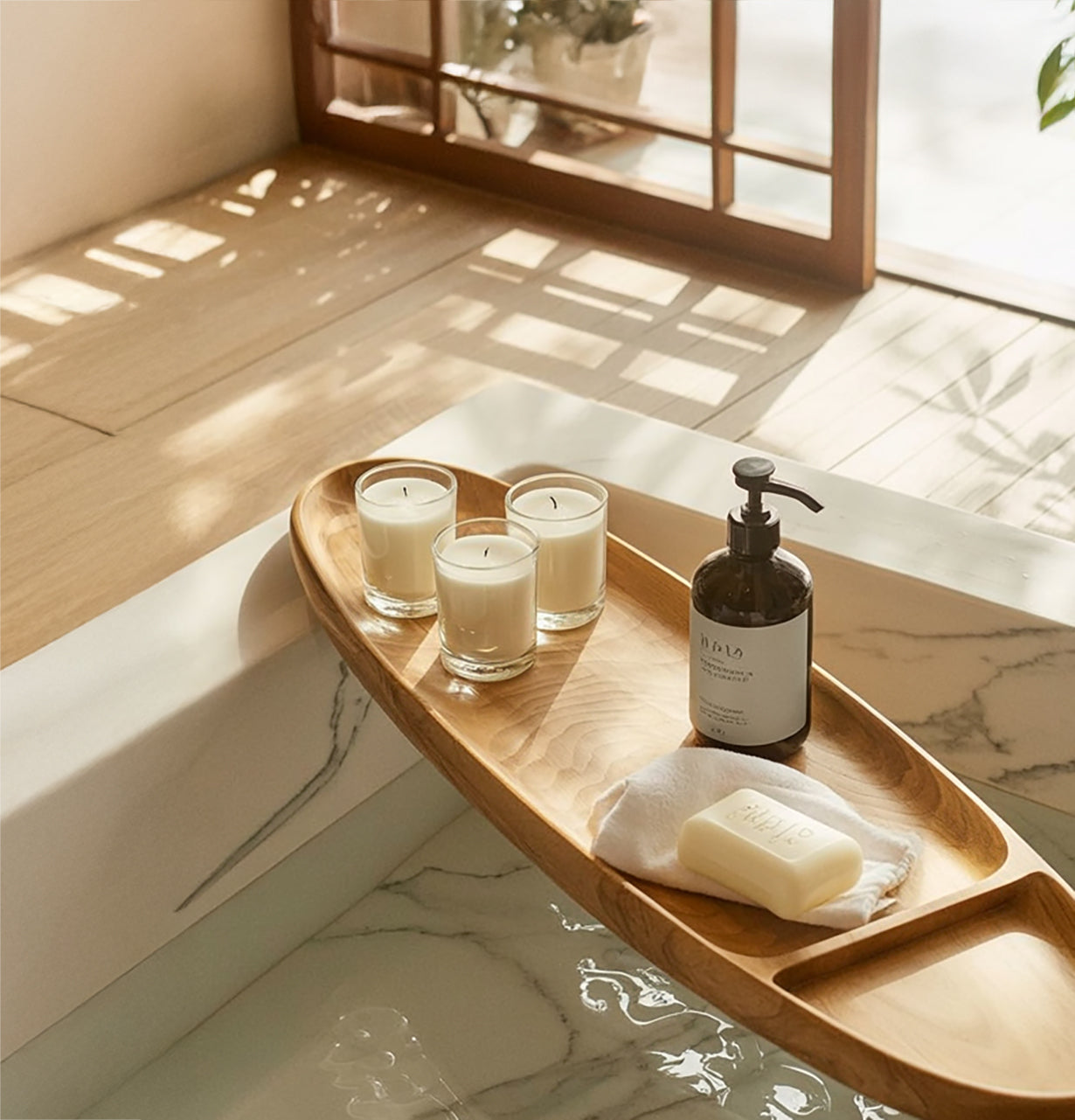 Handcrafted Wooden Bathtub Tray – Natural Spa Bath Caddy with Candle & Soap Holders