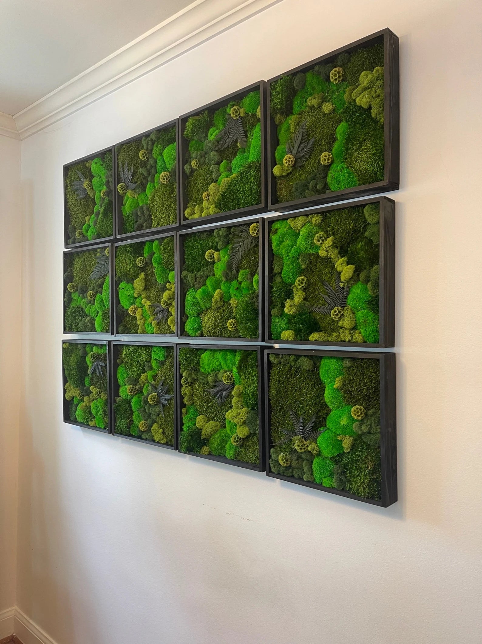 Moss Wall Art – Preserved Green Moss in 12” Wood Frame | Single or Set of 12