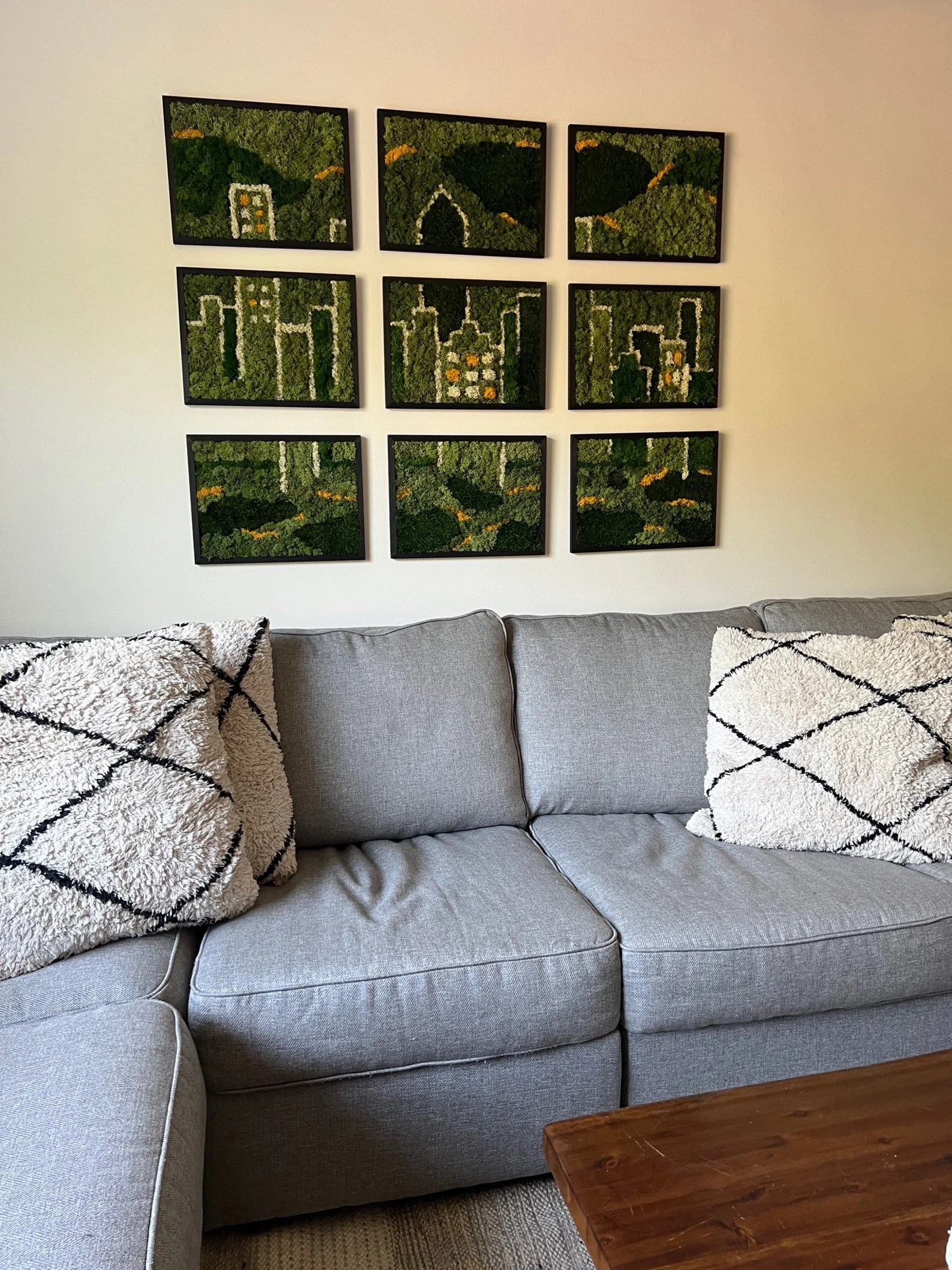 Moss Wall Art – Preserved Moss Wall Decor with Nine Rectangle Wood Frames | City Skyline Design