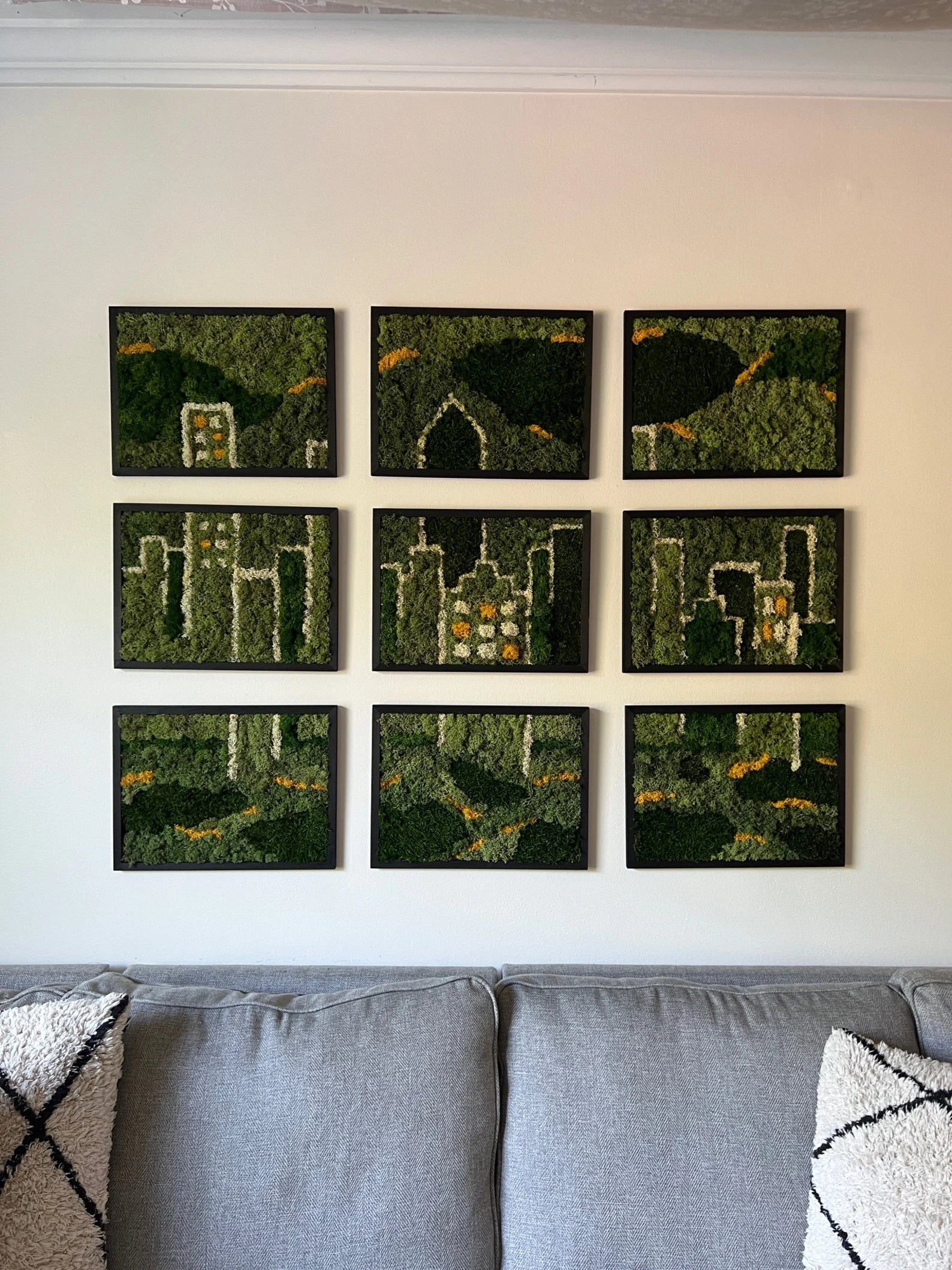 Moss Wall Art – Preserved Moss Wall Decor with Nine Rectangle Wood Frames | City Skyline Design