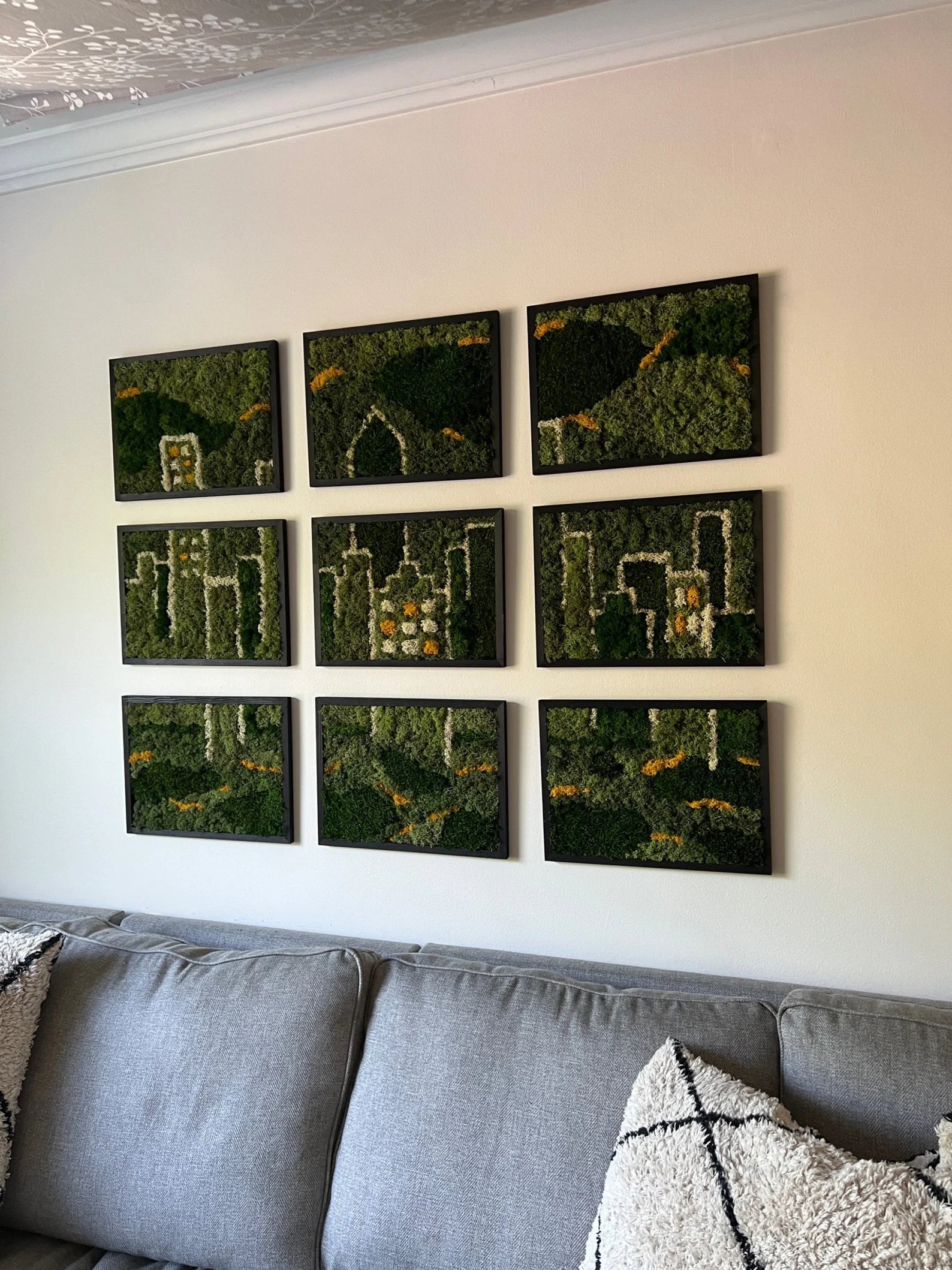 Moss Wall Art – Preserved Moss Wall Decor with Nine Rectangle Wood Frames | City Skyline Design
