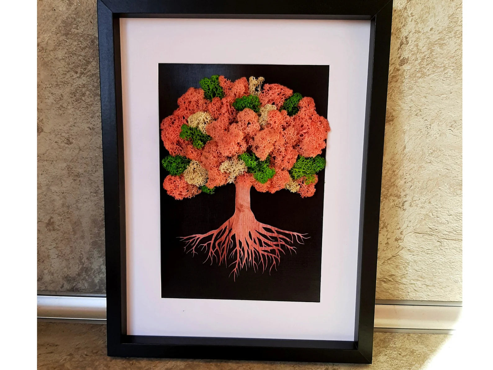 Moss Wall Art "Spring" – Tree of Life with 3 Colors Scandinavian Reindeer Moss, 30x40 cm