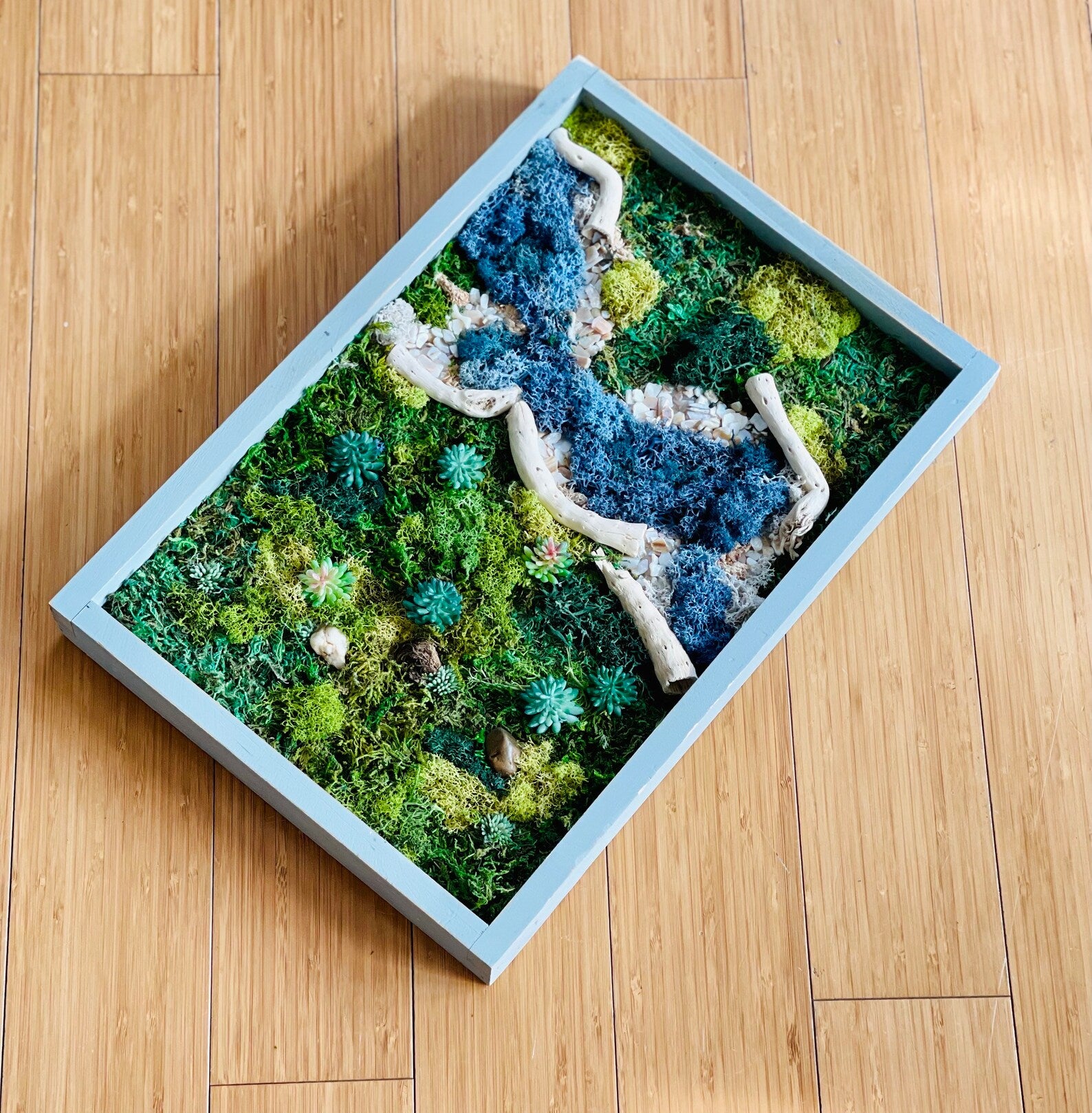 Preserved Moss Wall Art – Tree and River Scene with Reindeer Moss in Blue Frame