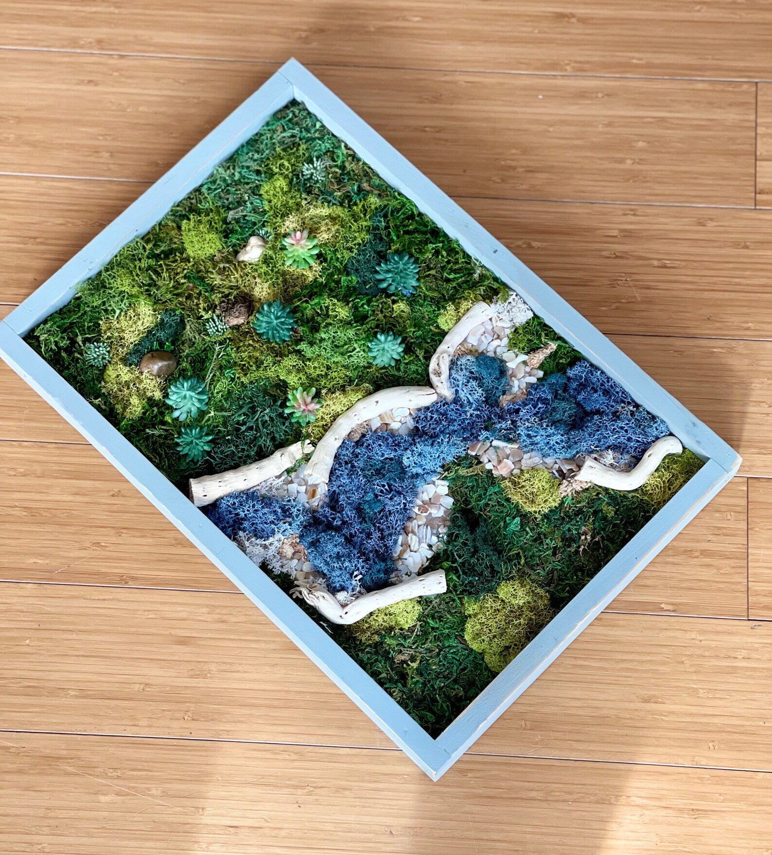 Preserved Moss Wall Art – Tree and River Scene with Reindeer Moss in Blue Frame