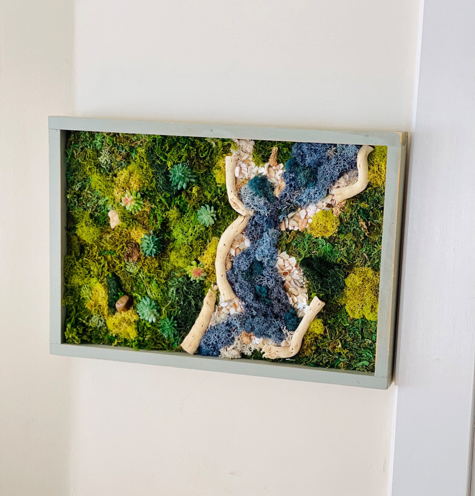 Preserved Moss Wall Art – Tree and River Scene with Reindeer Moss in Blue Frame