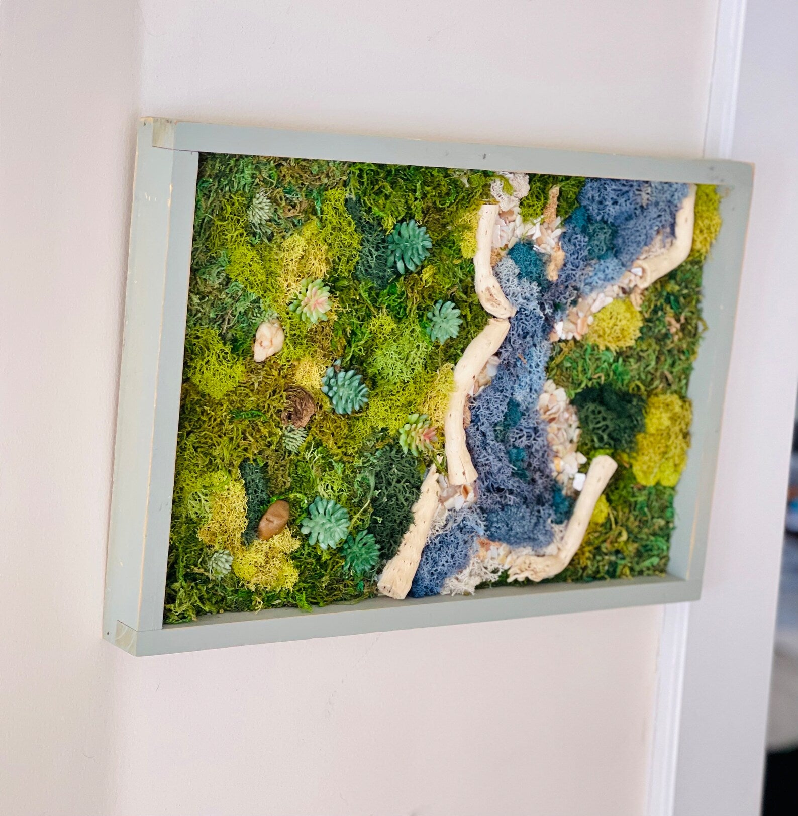 Preserved Moss Wall Art – Tree and River Scene with Reindeer Moss in Blue Frame