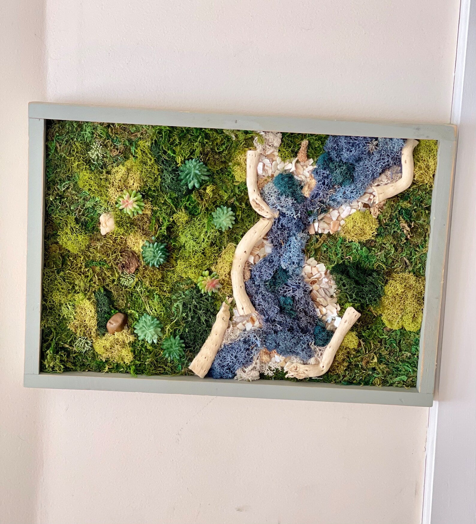 Preserved Moss Wall Art – Tree and River Scene with Reindeer Moss in Blue Frame