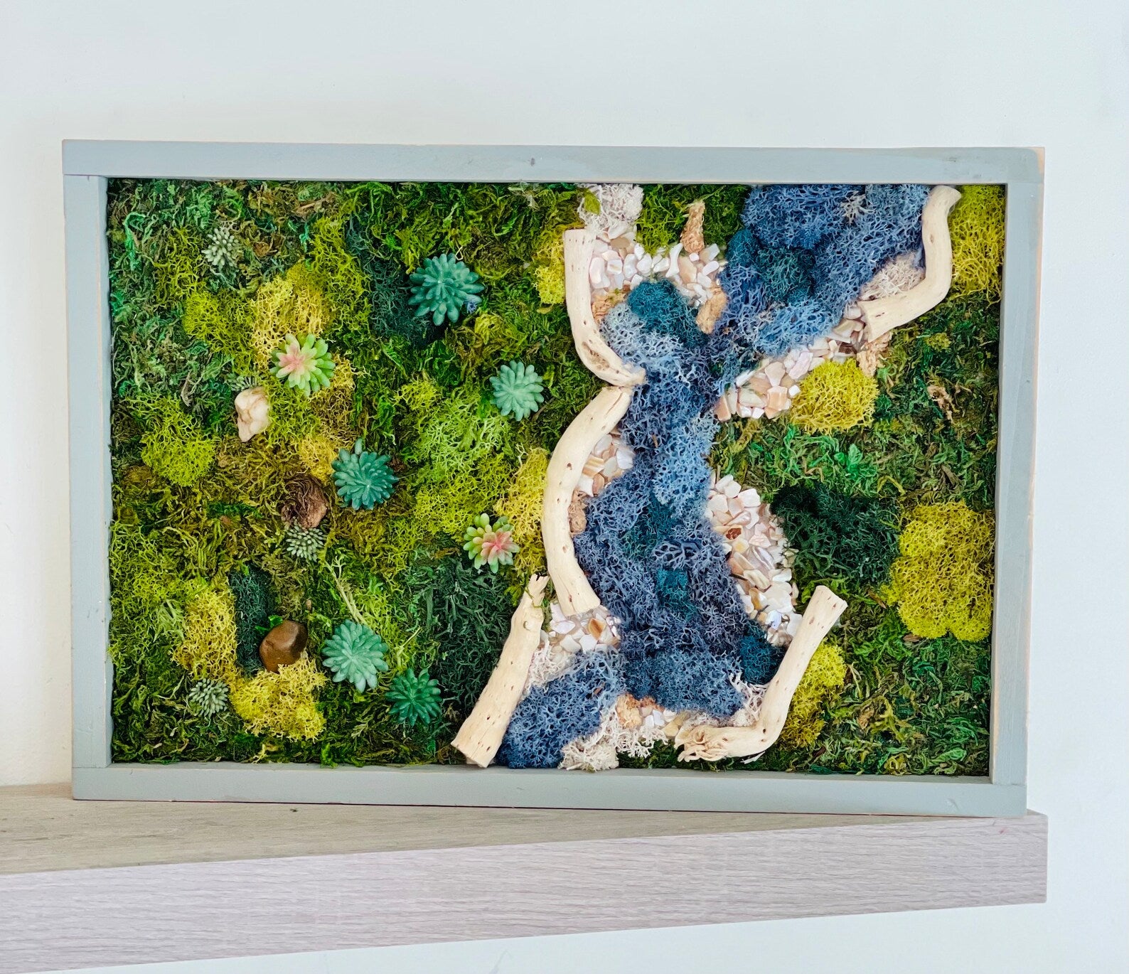 Preserved Moss Wall Art – Tree and River Scene with Reindeer Moss in Blue Frame