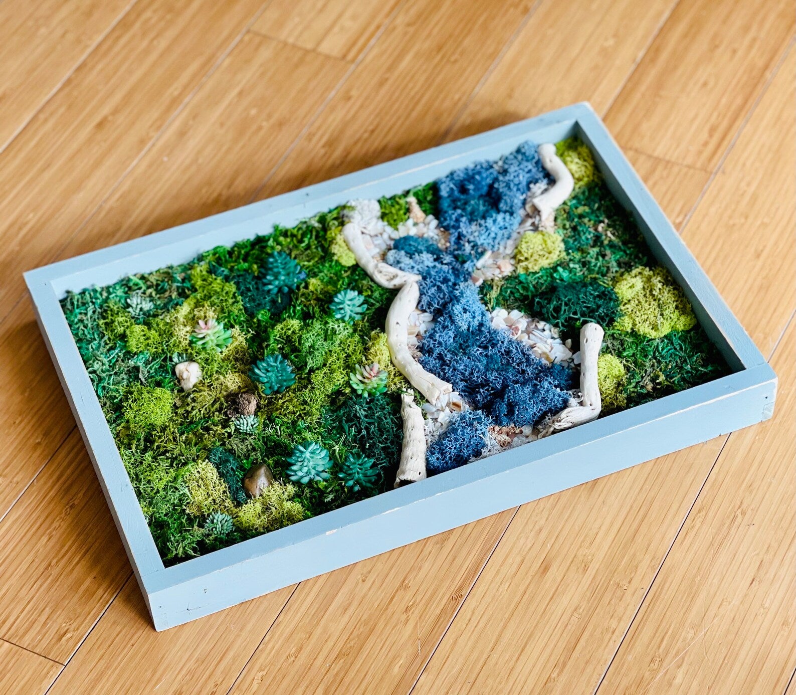 Preserved Moss Wall Art – Tree and River Scene with Reindeer Moss in Blue Frame