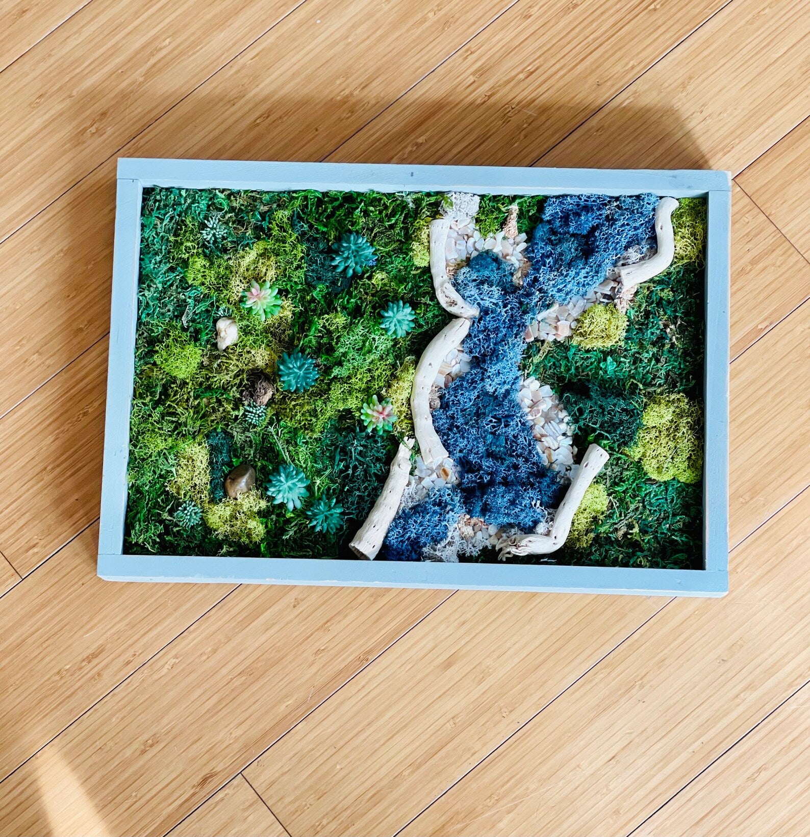 Preserved Moss Wall Art – Tree and River Scene with Reindeer Moss in Blue Frame