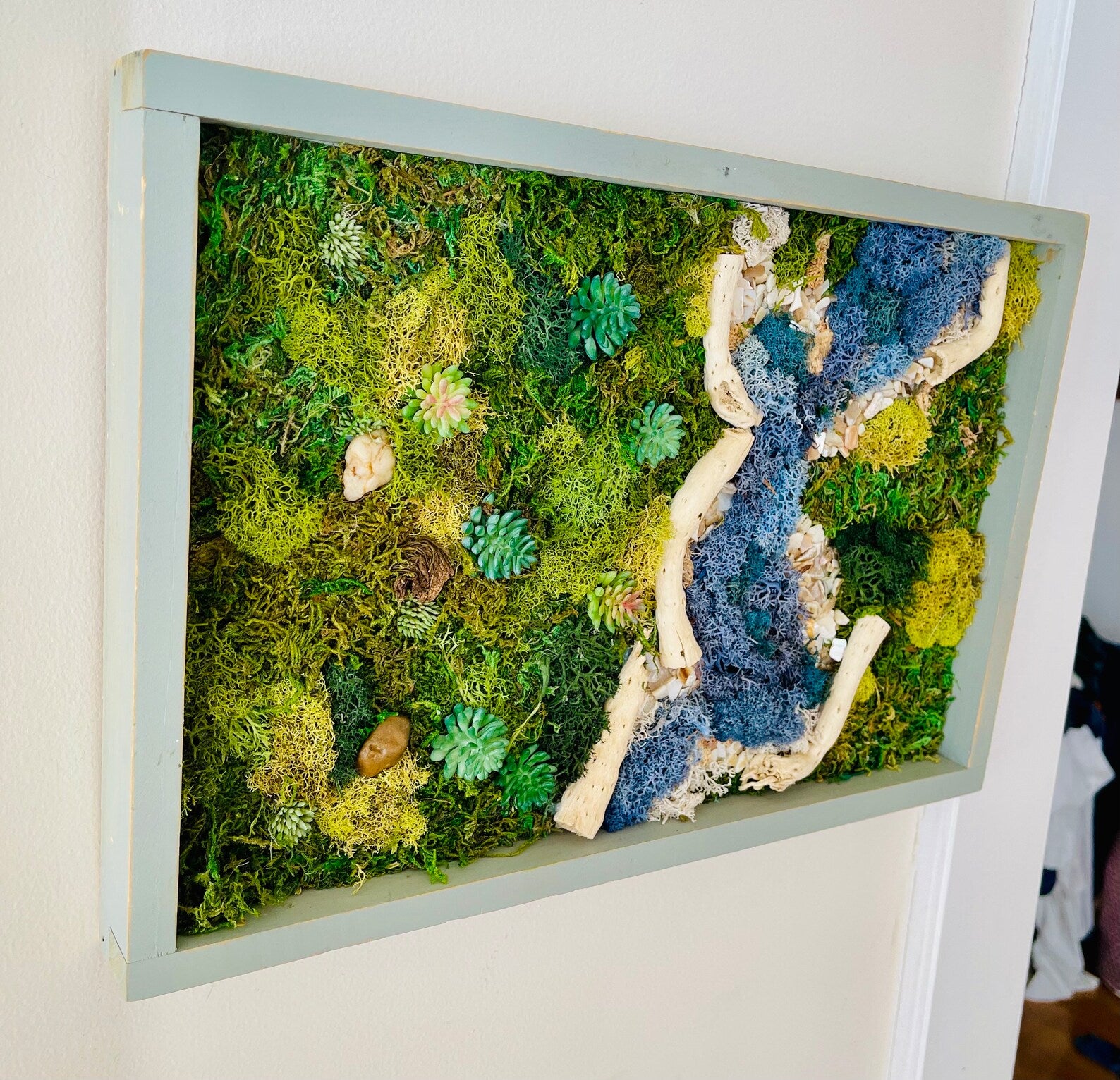 Preserved Moss Wall Art – Tree and River Scene with Reindeer Moss in Blue Frame