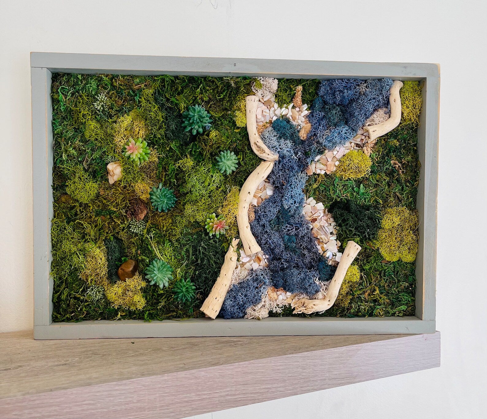 Preserved Moss Wall Art – Tree and River Scene with Reindeer Moss in Blue Frame