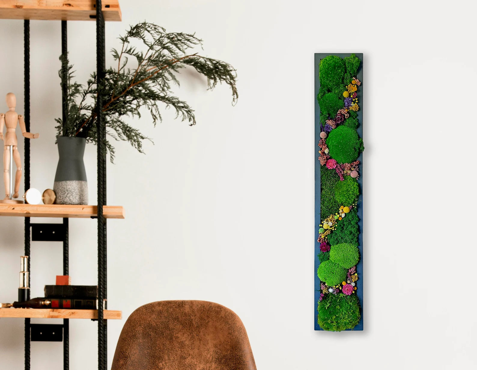 Moss Wall Art with Flowers – Preserved Green Moss Art, Handmade Botanical Wall Décor, Living Moss Picture, Unique Natural Home Accent