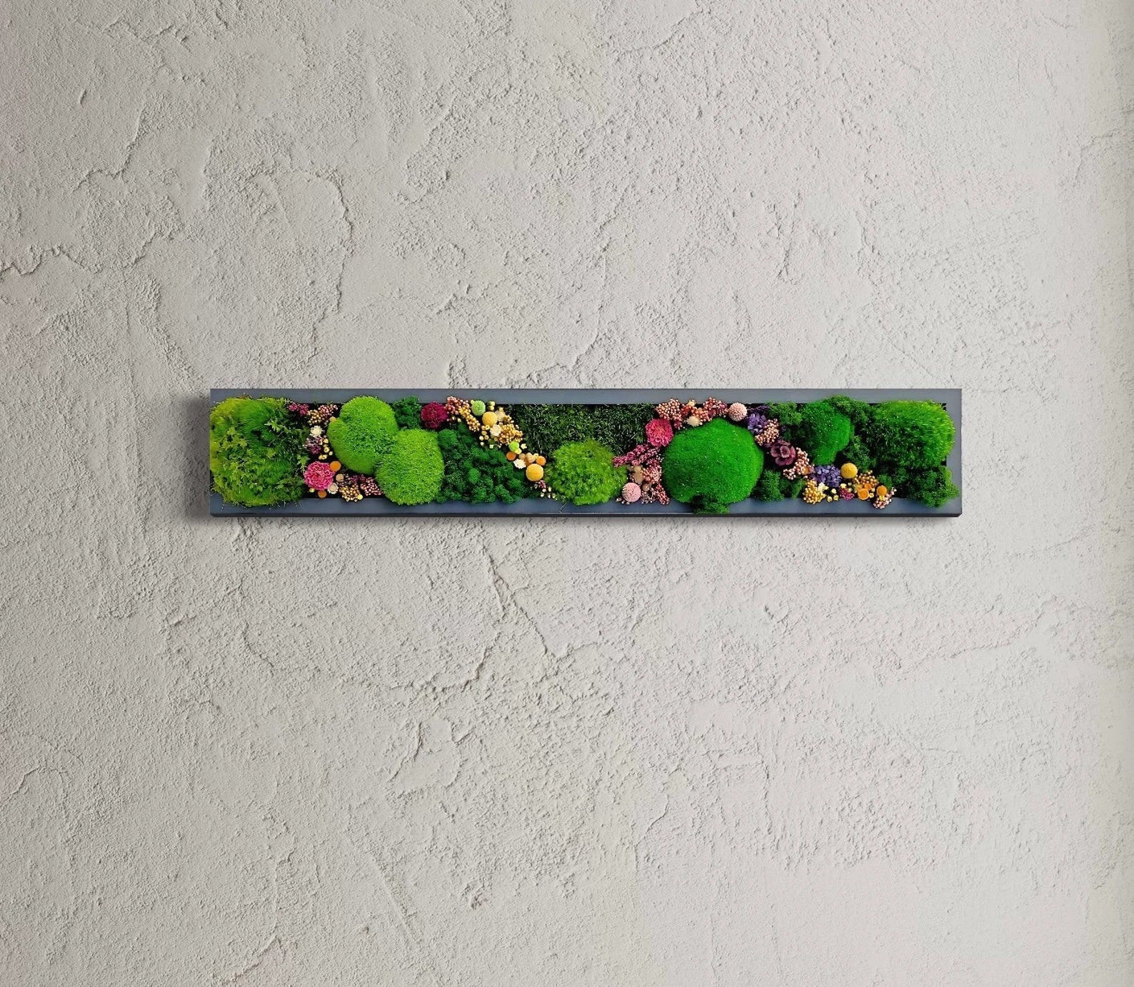 Moss Wall Art with Flowers – Preserved Green Moss Art, Handmade Botanical Wall Décor, Living Moss Picture, Unique Natural Home Accent