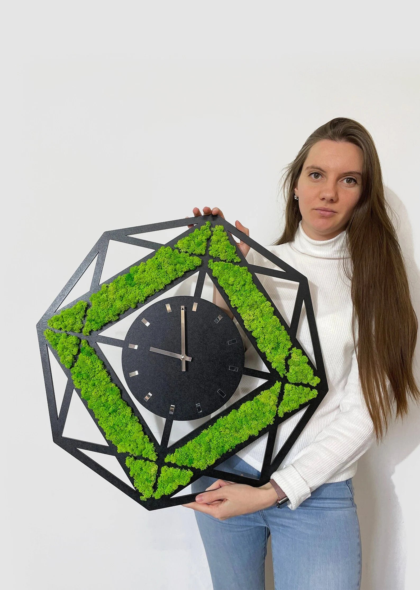 Hexagon Moss Wall Clock – Modern Preserved Green Wall Art & Oversized Home Decor