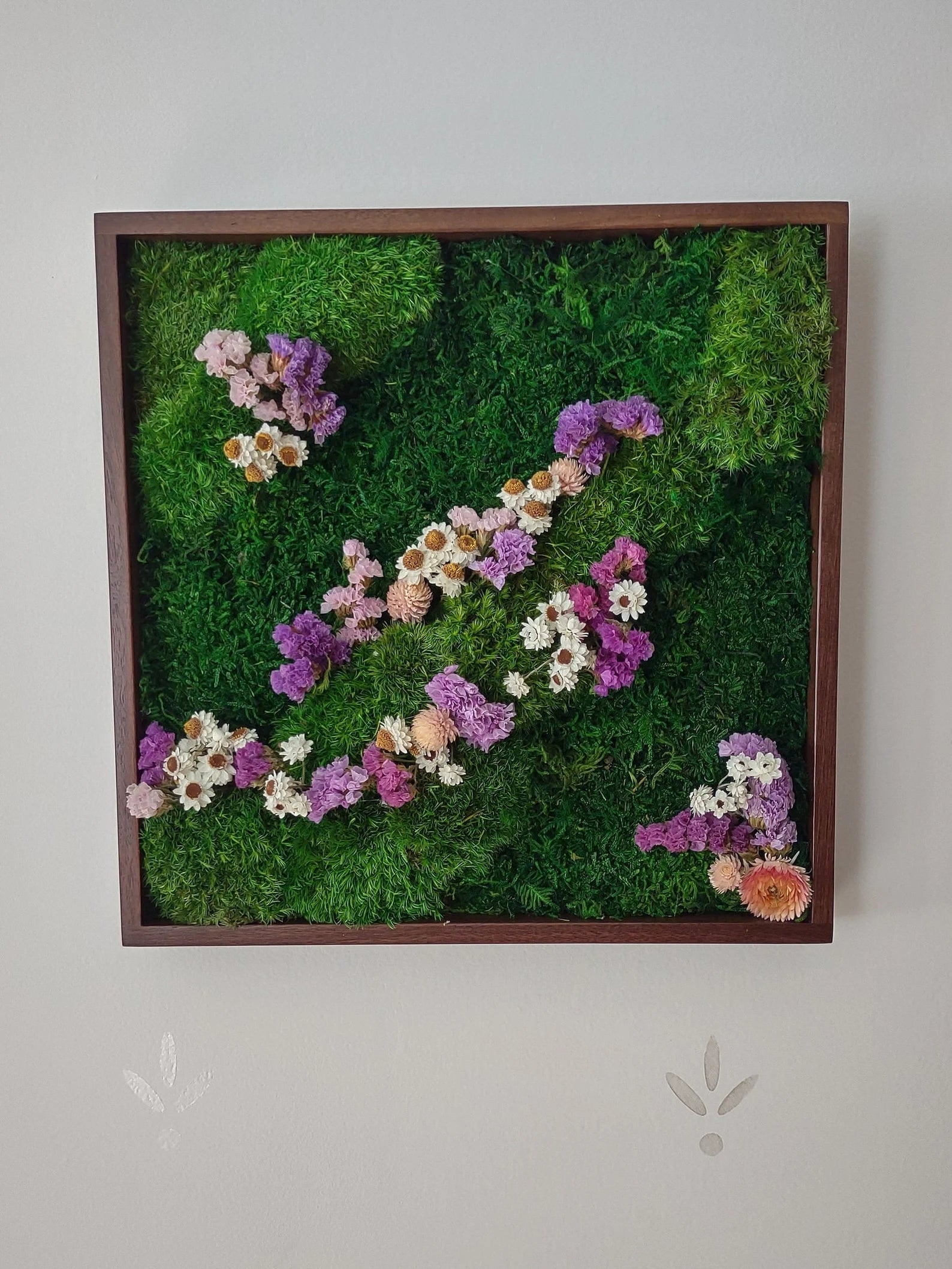 Moss Wall Art Set of 3 – 12x12 Flower Scape Tiles | Handmade Black Walnut Wood Frames | Nature Wall Decor